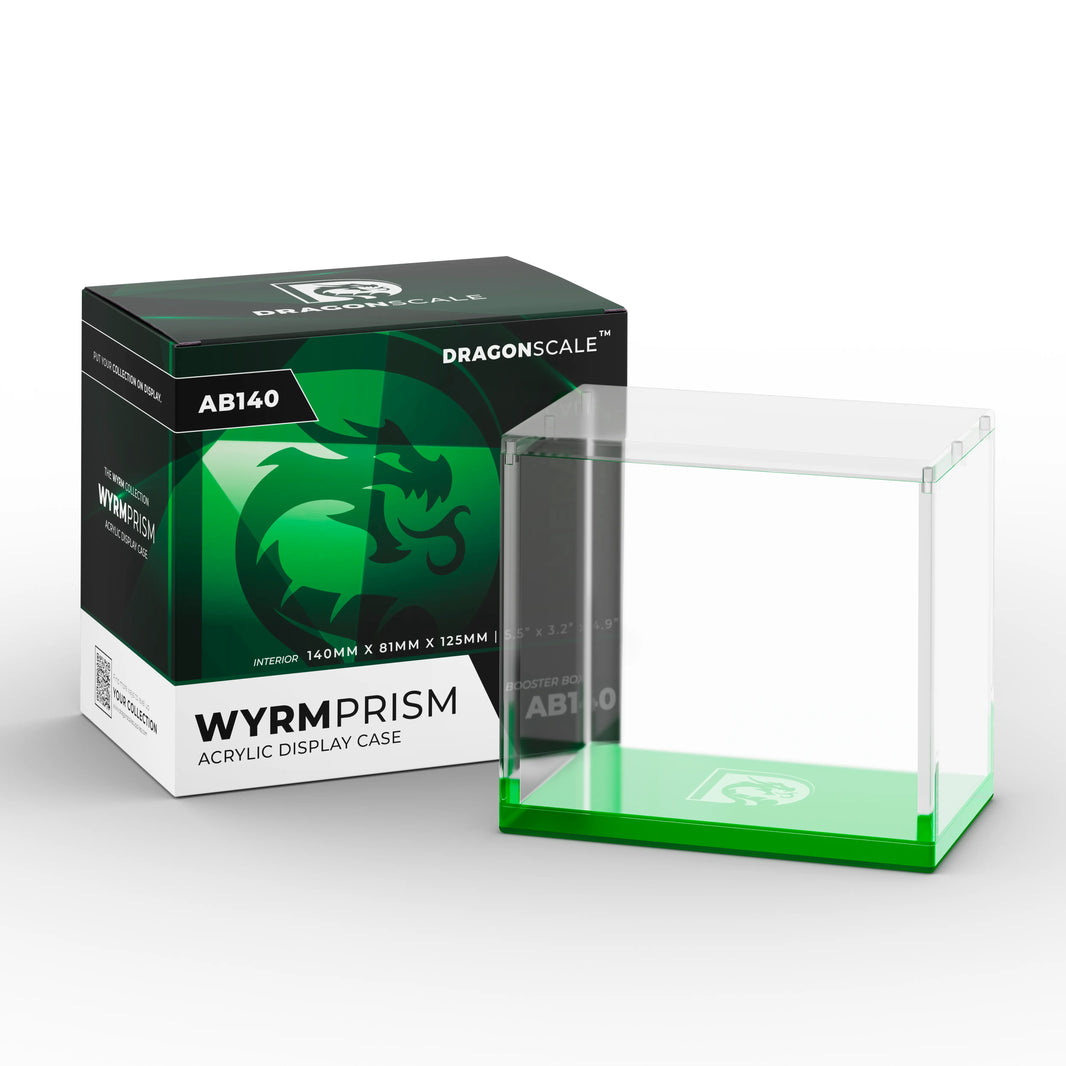 Product packaging view of the Dragonscale WyrmPrism AB140 Green Emerald acrylic case alongside its Dragonscale packaging box.