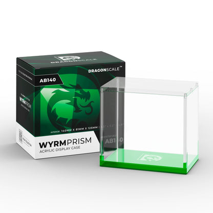 Product packaging view of the Dragonscale WyrmPrism AB140 Green Emerald acrylic case alongside its Dragonscale packaging box.
