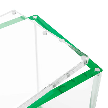 Close-up corner view of the Dragonscale WyrmPrism AB140 Green Emerald acrylic case, highlighting the acrylic lid and secure magnetic locks.