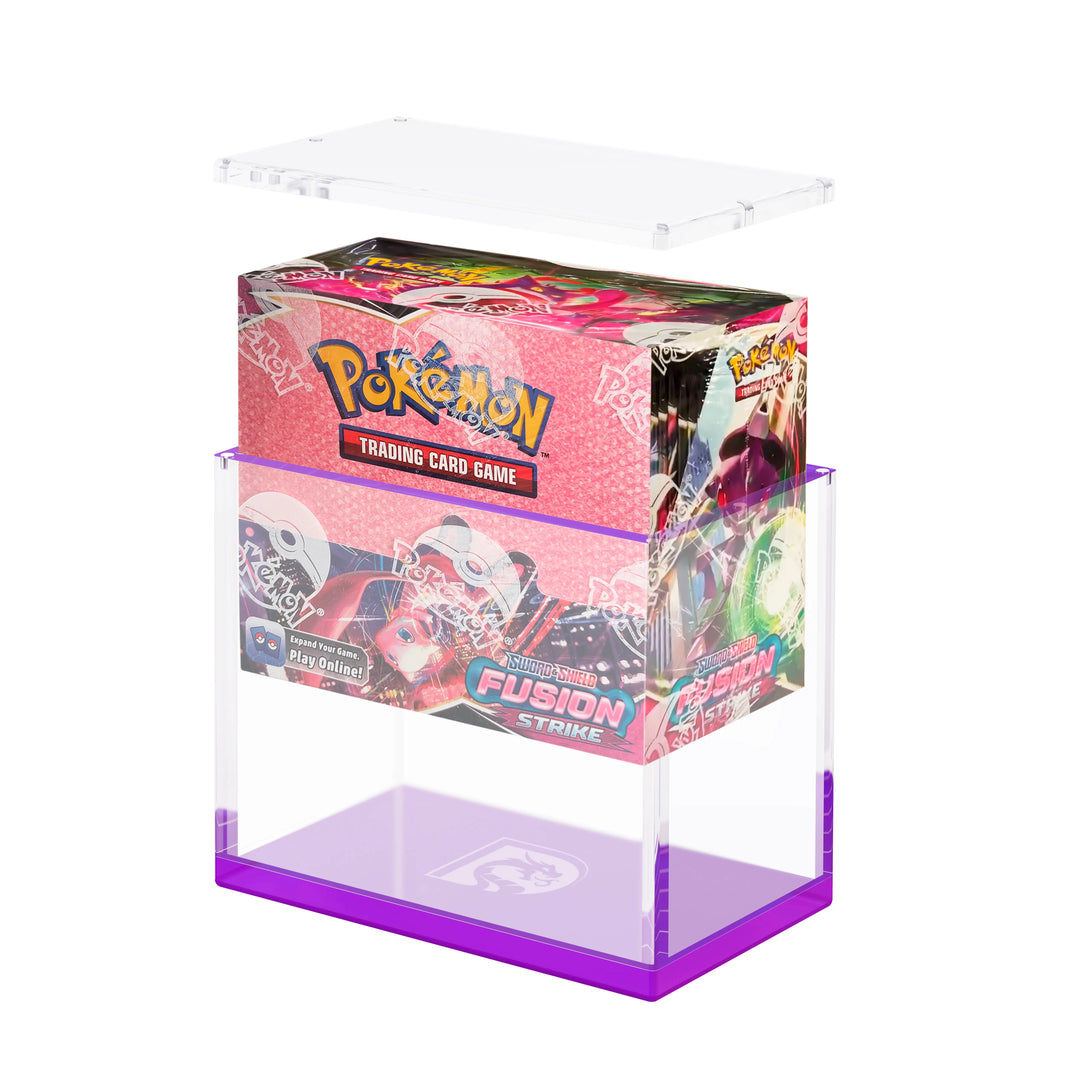 Demo view of the Dragonscale WyrmPrism AB140 Purple Amethyst acrylic case, holding a Pokémon Fusion Strikes Booster Box inside the case.