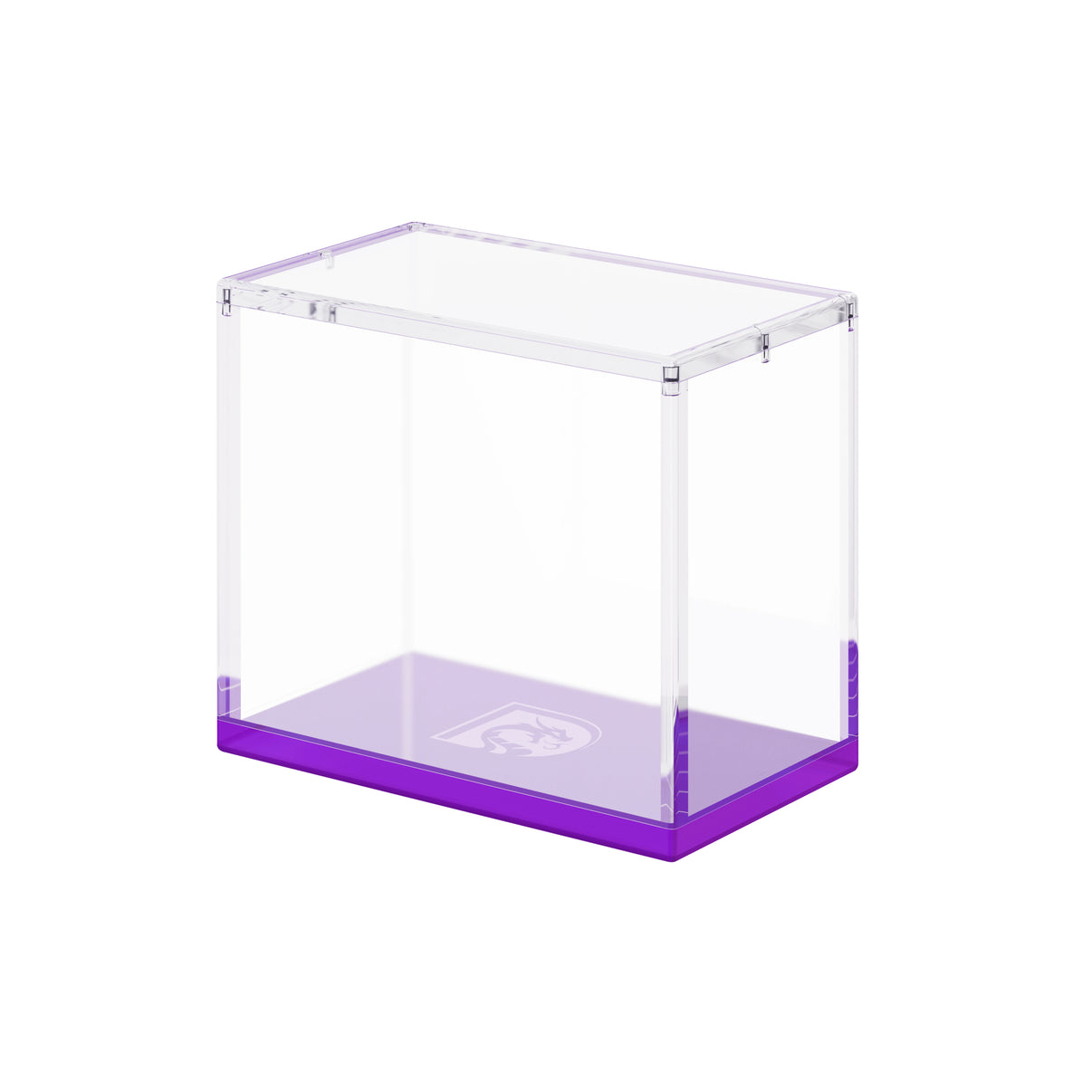 Angled display view of the Dragonscale WyrmPrism AB140 Purple Amethyst acrylic case, showing its clear acrylic walls and purple base.