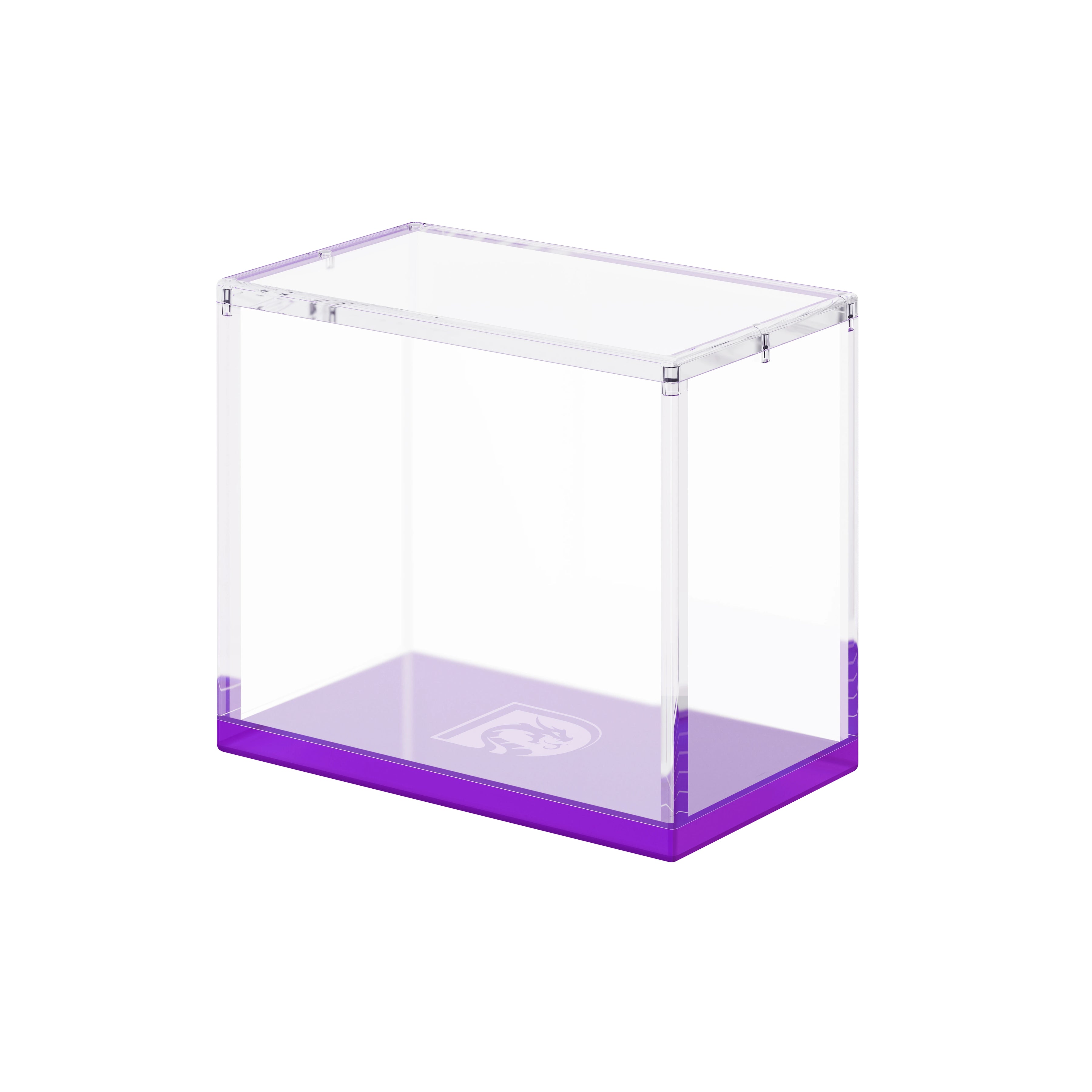 Angled display view of the Dragonscale WyrmPrism AB140 Purple Amethyst acrylic case, showing its clear acrylic walls and purple base.