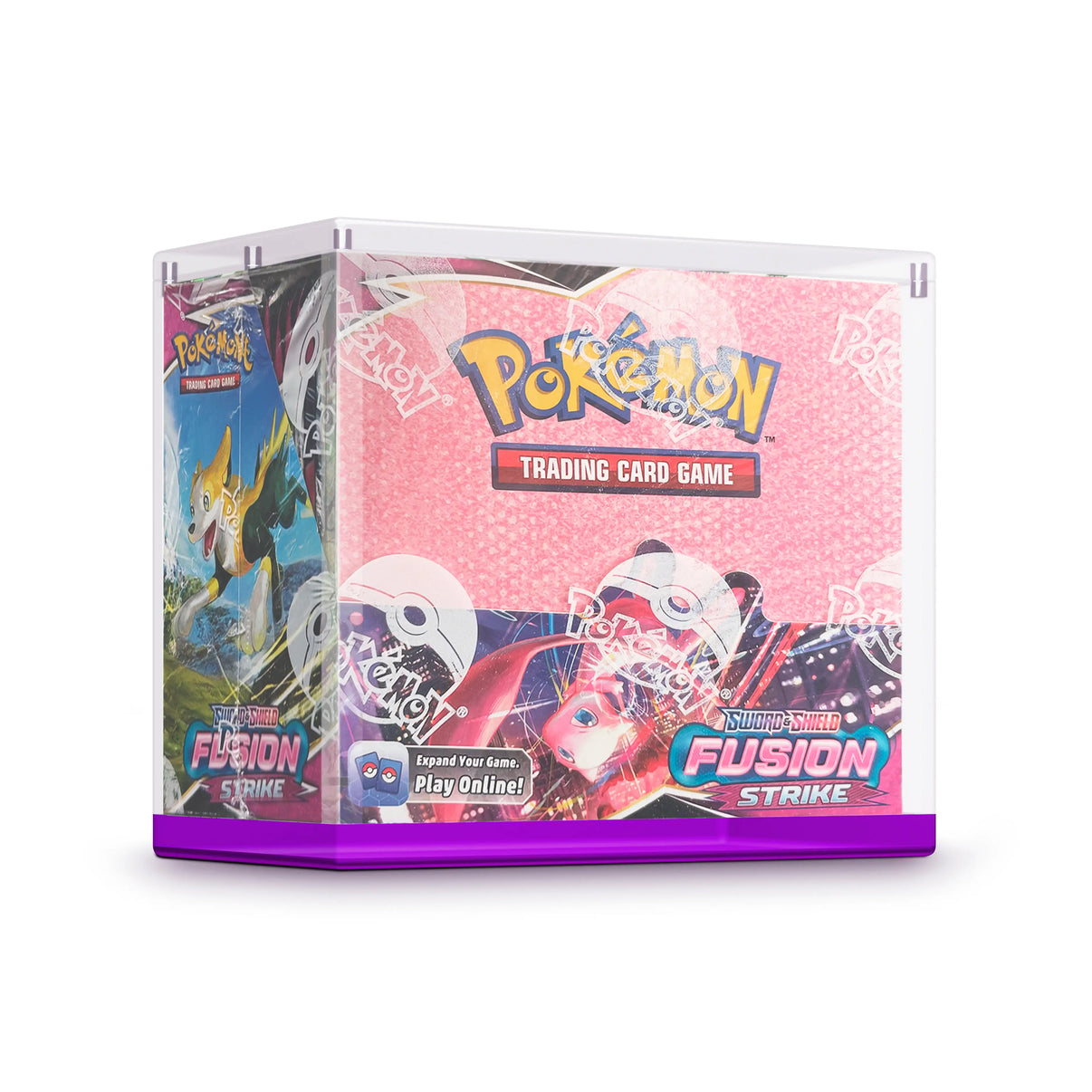Angled view of the Dragonscale WyrmPrism AB140 Purple Amethyst acrylic case, holding a Pokémon Sword & Shield—Fusion Strike booster box inside the enclosed case.