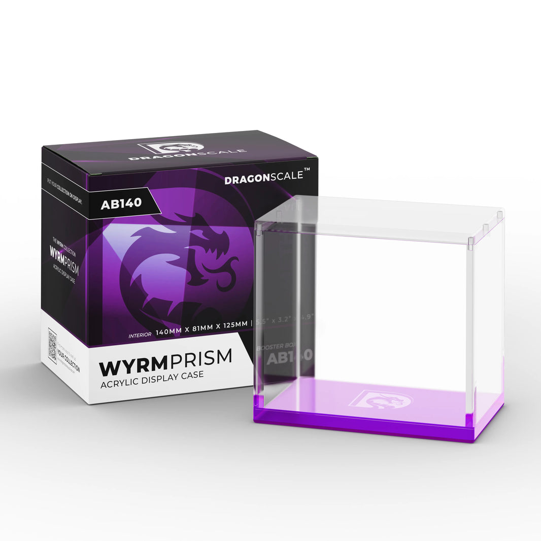 Product packaging view of the Dragonscale WyrmPrism AB140 Purple Amethyst acrylic case alongside its Dragonscale packaging box.