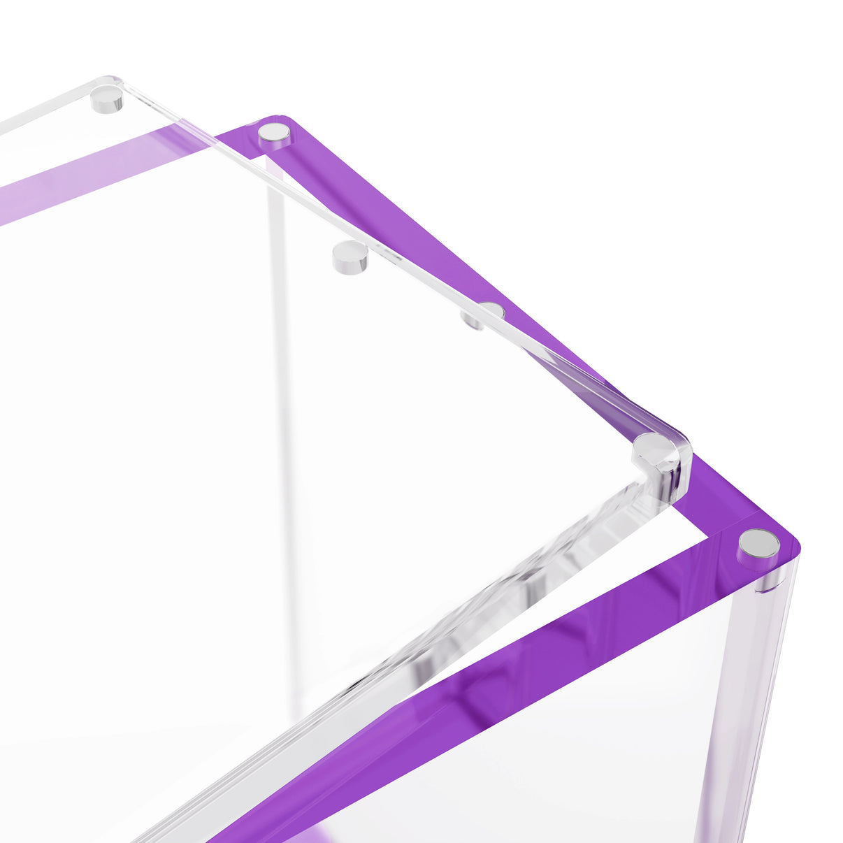 Close-up corner view of the Dragonscale WyrmPrism AB140 Purple Amethyst acrylic case, highlighting the acrylic lid and secure magnetic locks.