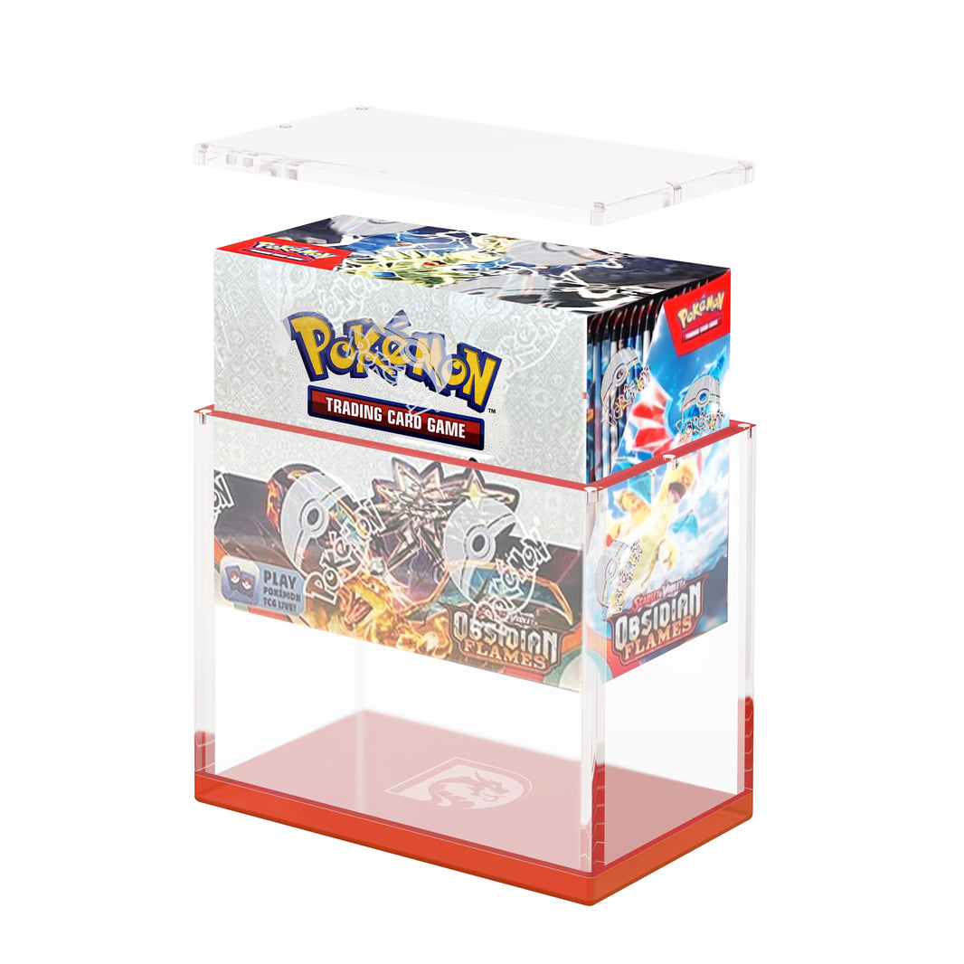 Demo view of the Dragonscale WyrmPrism AB140 Red Ruby acrylic case, holding a Pokémon Obsidian Flames Booster Box inside the case.