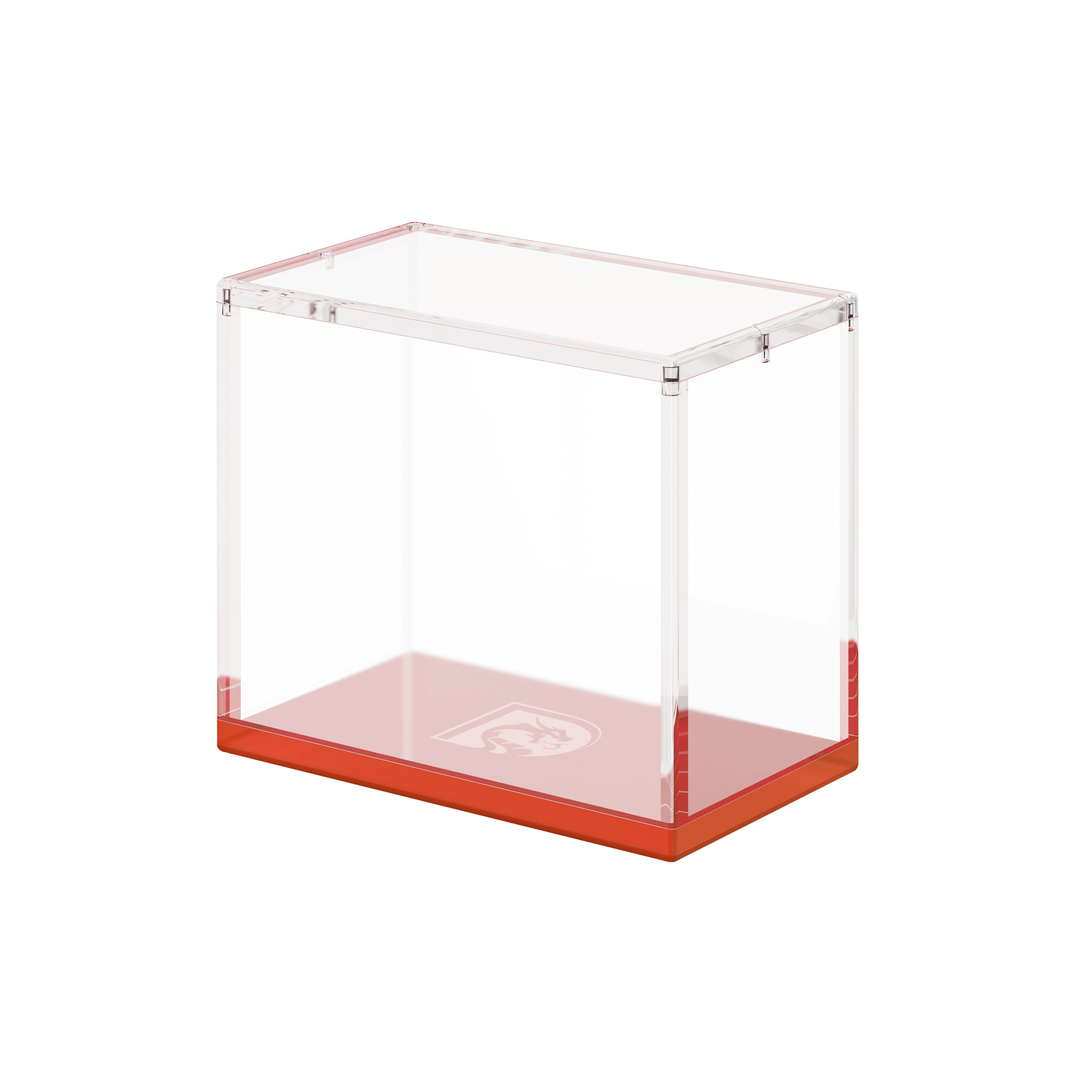 Angled display view of the Dragonscale WyrmPrism AB140 Red Ruby acrylic case, showing its clear acrylic walls and red base.