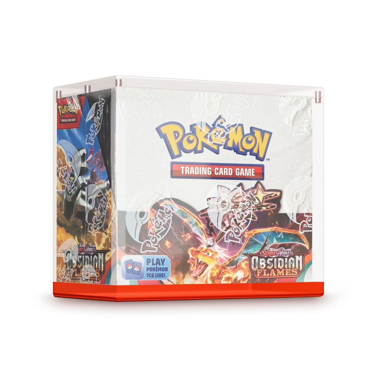 Angled view of the Dragonscale WyrmPrism AB140 Red Ruby acrylic case, holding a Pokémon Scarlet & Violet—Obsidian Flames booster box inside the enclosed case.