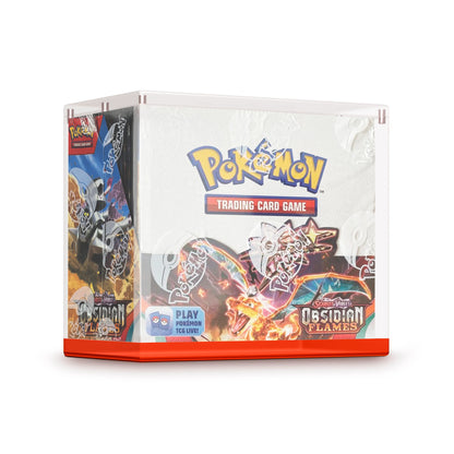 Angled view of the Dragonscale WyrmPrism AB140 Red Ruby acrylic case, holding a Pokémon Scarlet & Violet—Obsidian Flames booster box inside the enclosed case.