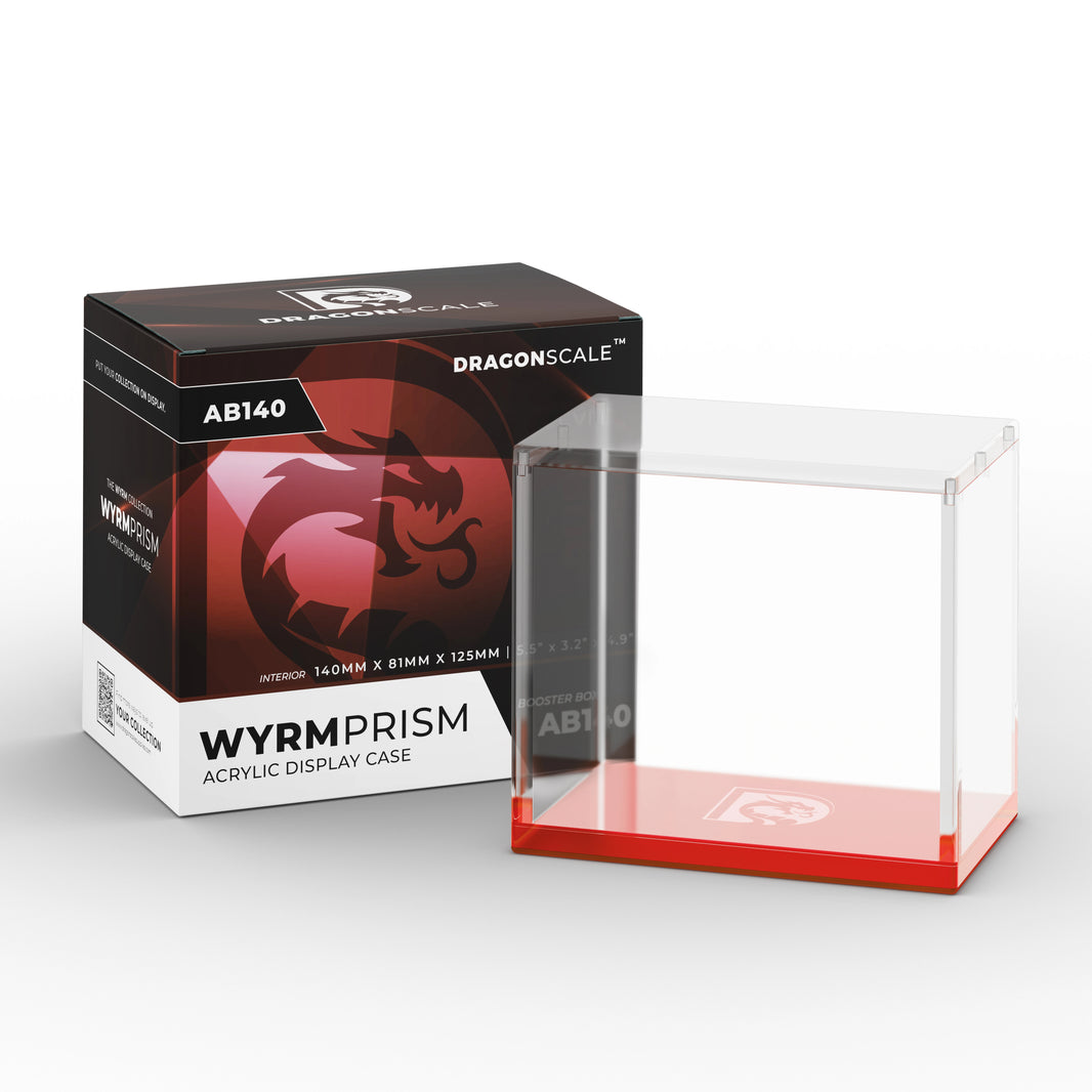Product packaging view of the Dragonscale WyrmPrism AB140 Red Ruby acrylic case alongside its Dragonscale packaging box.