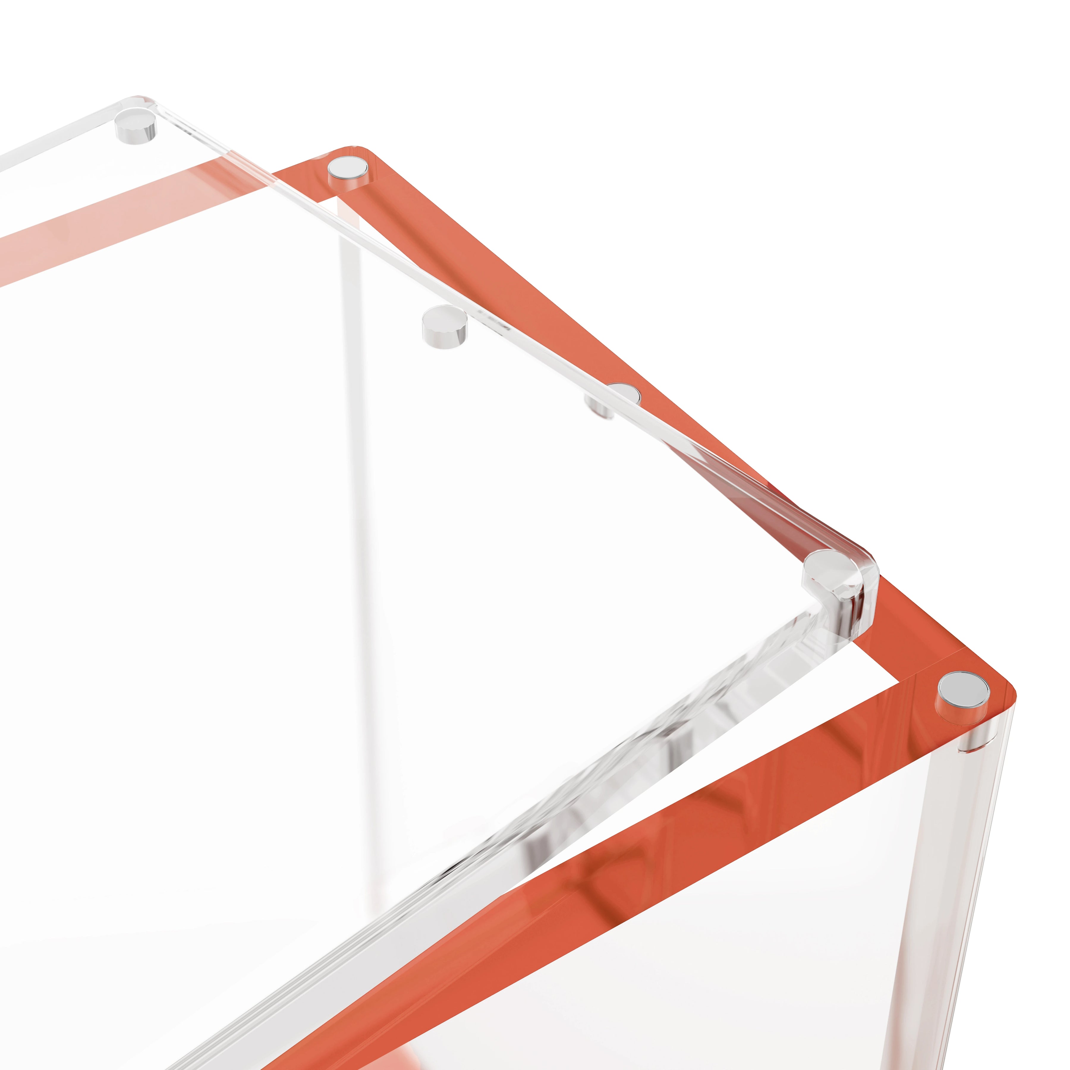 Close-up corner view of the Dragonscale WyrmPrism AB140 Red Ruby acrylic case, highlighting the acrylic lid and secure magnetic locks.