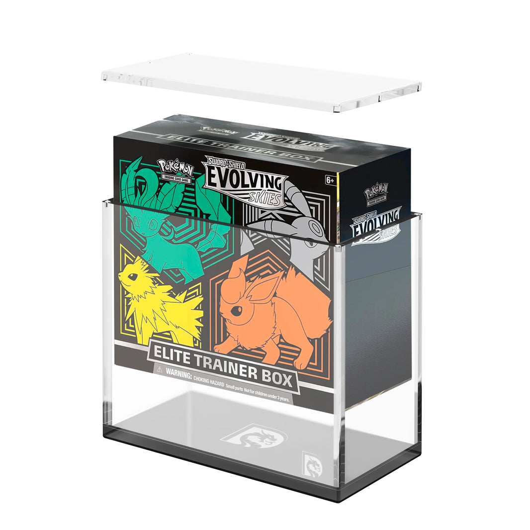 Demo view of the Dragonscale WyrmPrism AE192 Black Onyx acrylic case, holding a Pokémon TCG: Sword & Shield—Evolving Skies Elite Trainer Box  inside the case.