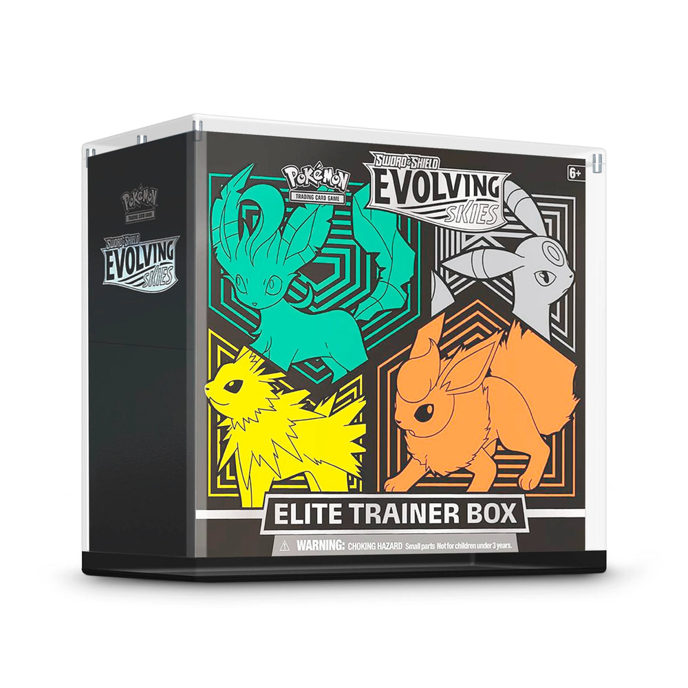 Angled view of the Dragonscale WyrmPrism AE192 Black Ony acrylic case, holding a Pokémon TCG: Sword & Shield—Evolving Skies Elite Trainer Box inside the enclosed case.
