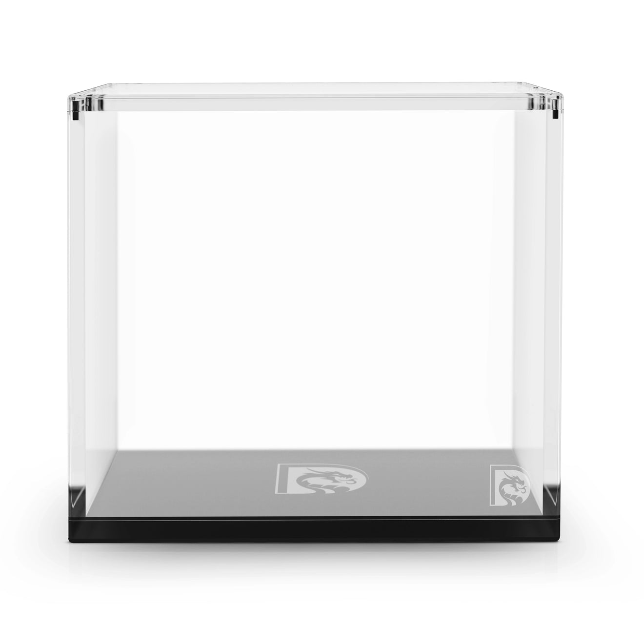 Front-facing view of the Dragonscale WyrmPrism AE192 Black Onyx acrylic case with a clear lid and solid black base.