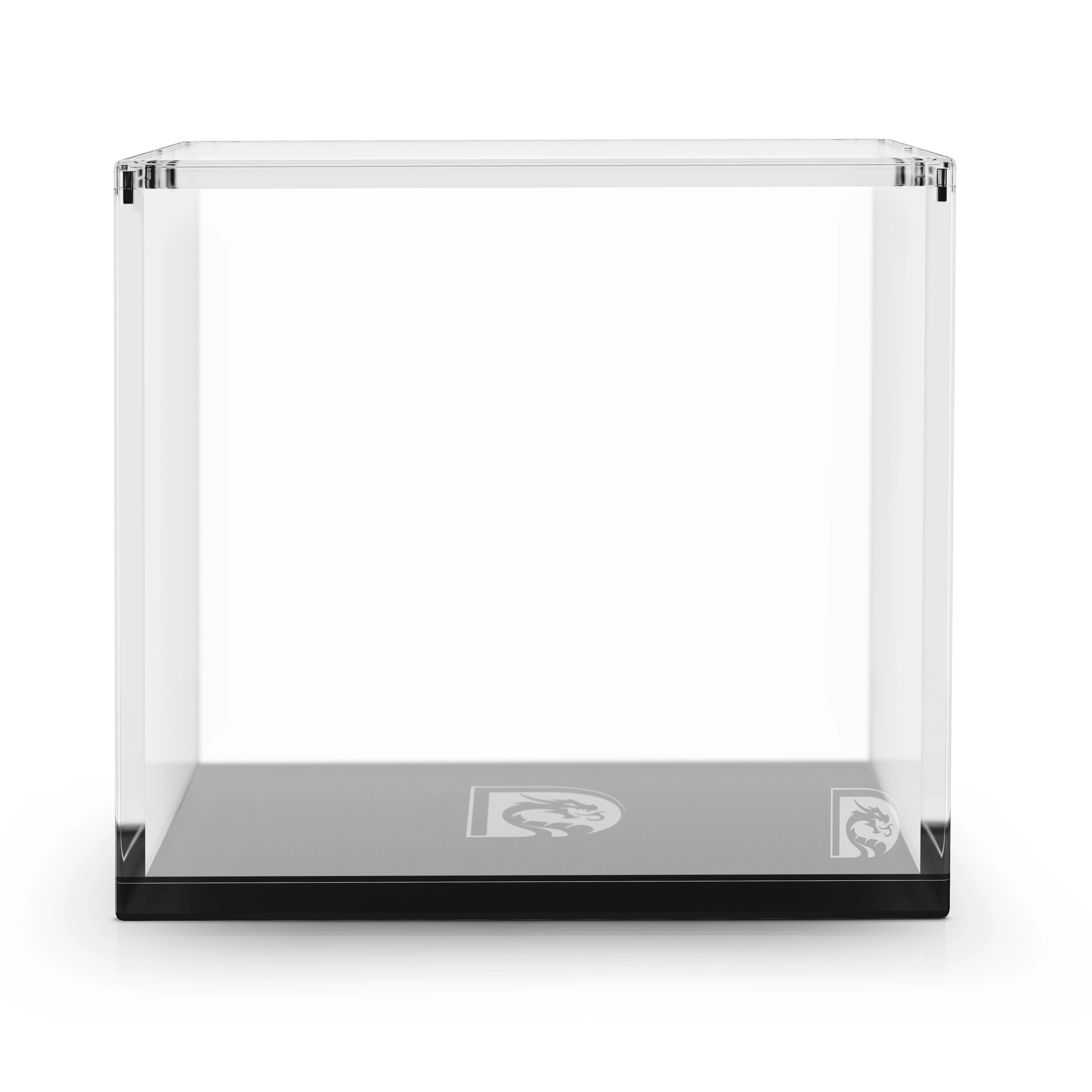 Front-facing view of the Dragonscale WyrmPrism AE192 Black Onyx acrylic case with a clear lid and solid black base.