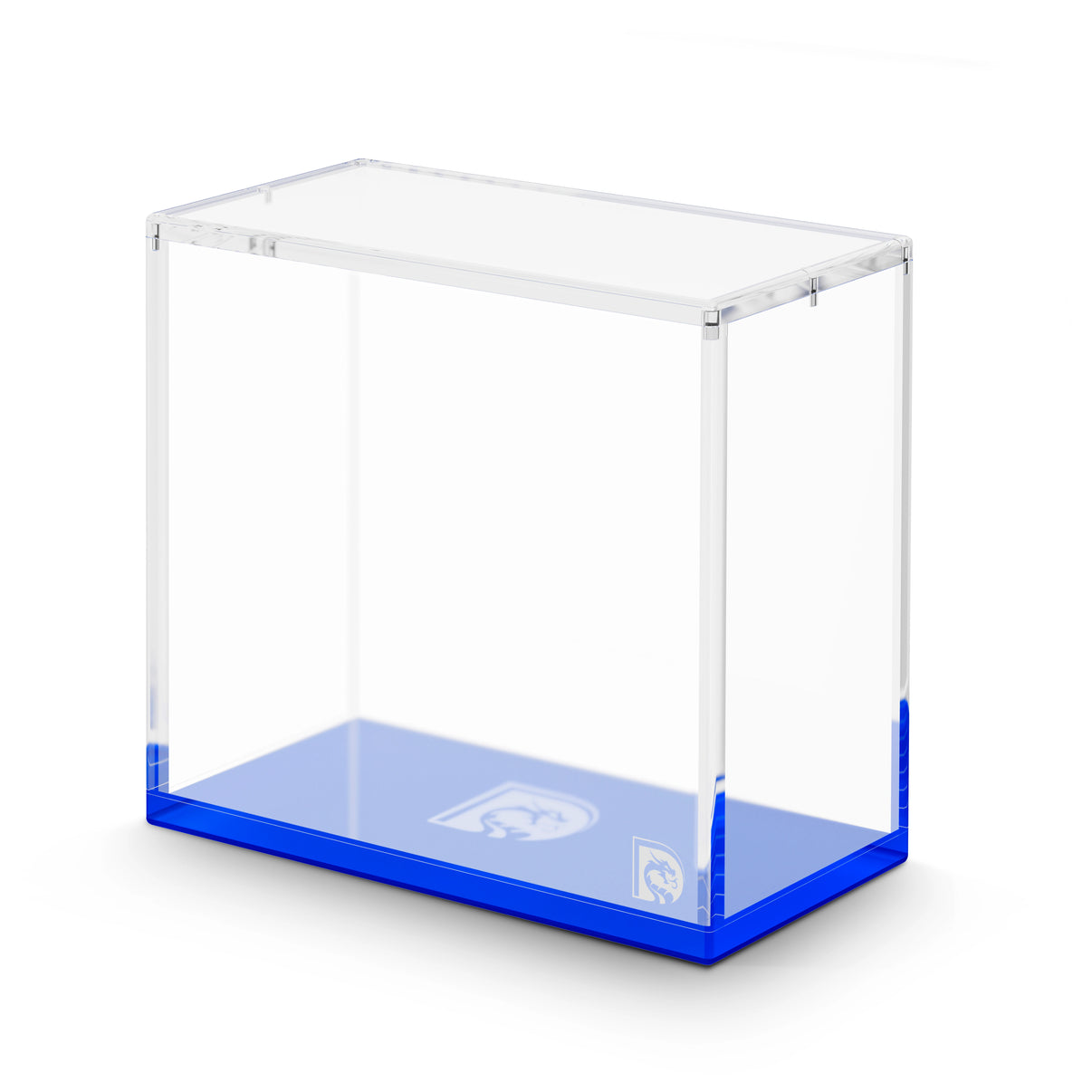 Angled display view of the Dragonscale WyrmPrism AE192 Blue Sapphire acrylic case, showing its clear acrylic walls and blue base.