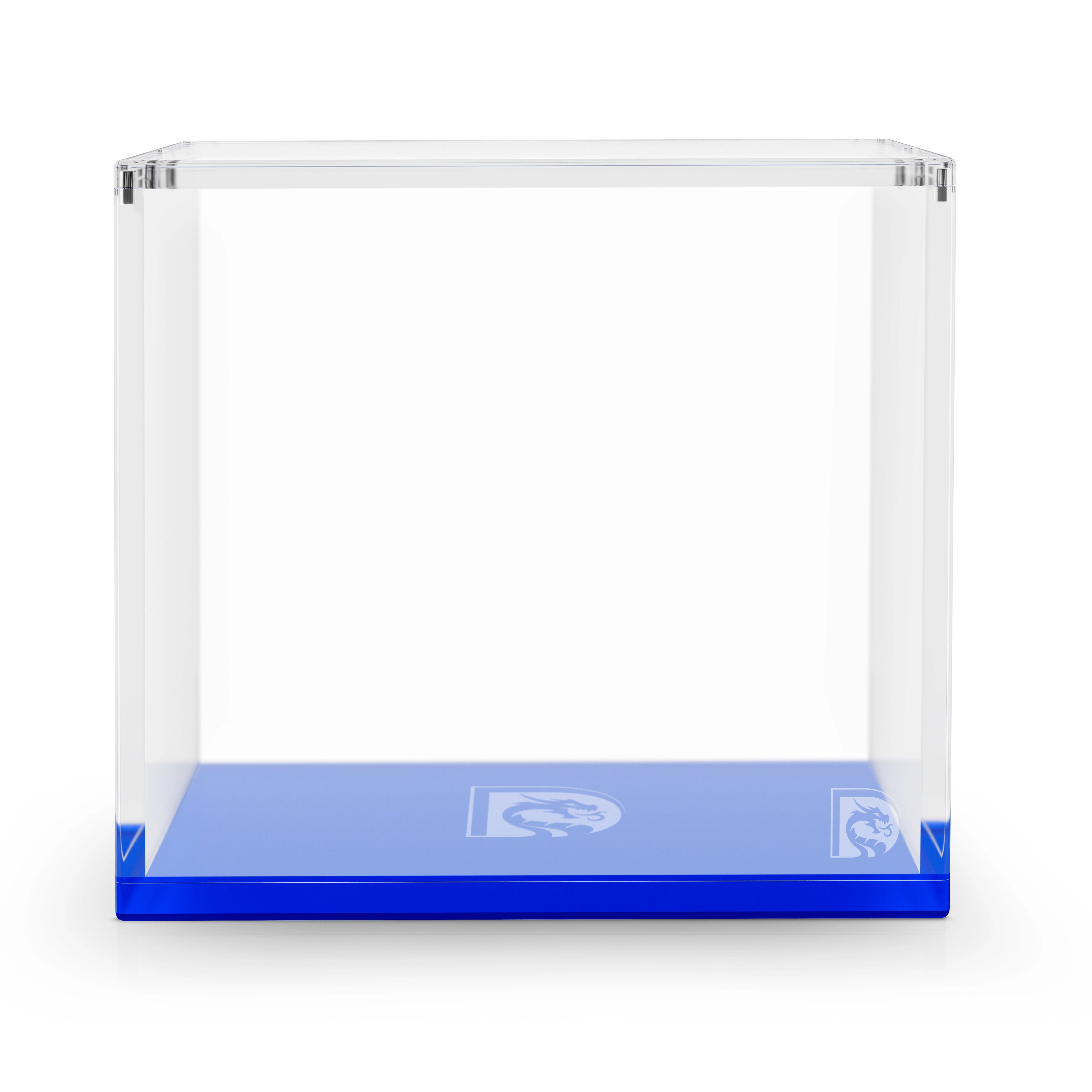 Front-facing view of the Dragonscale WyrmPrism AE192 Blue Sapphire acrylic case with a clear lid and solid blue base.