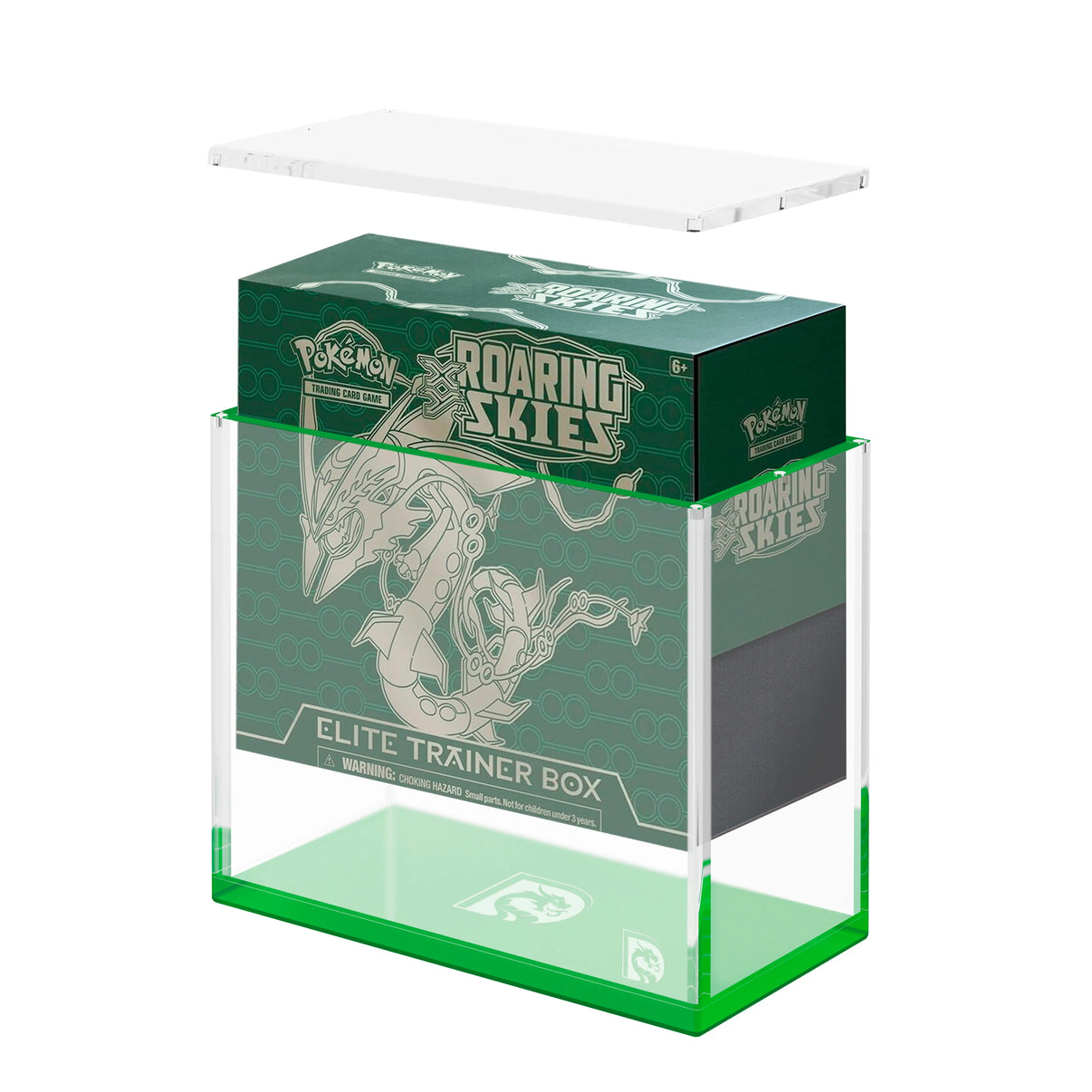 Demo view of the Dragonscale WyrmPrism AE192 Green Emerald  acrylic case, holding a Pokémon TCG: XY - Roaring Skies Elite Trainer Box  inside the case.
