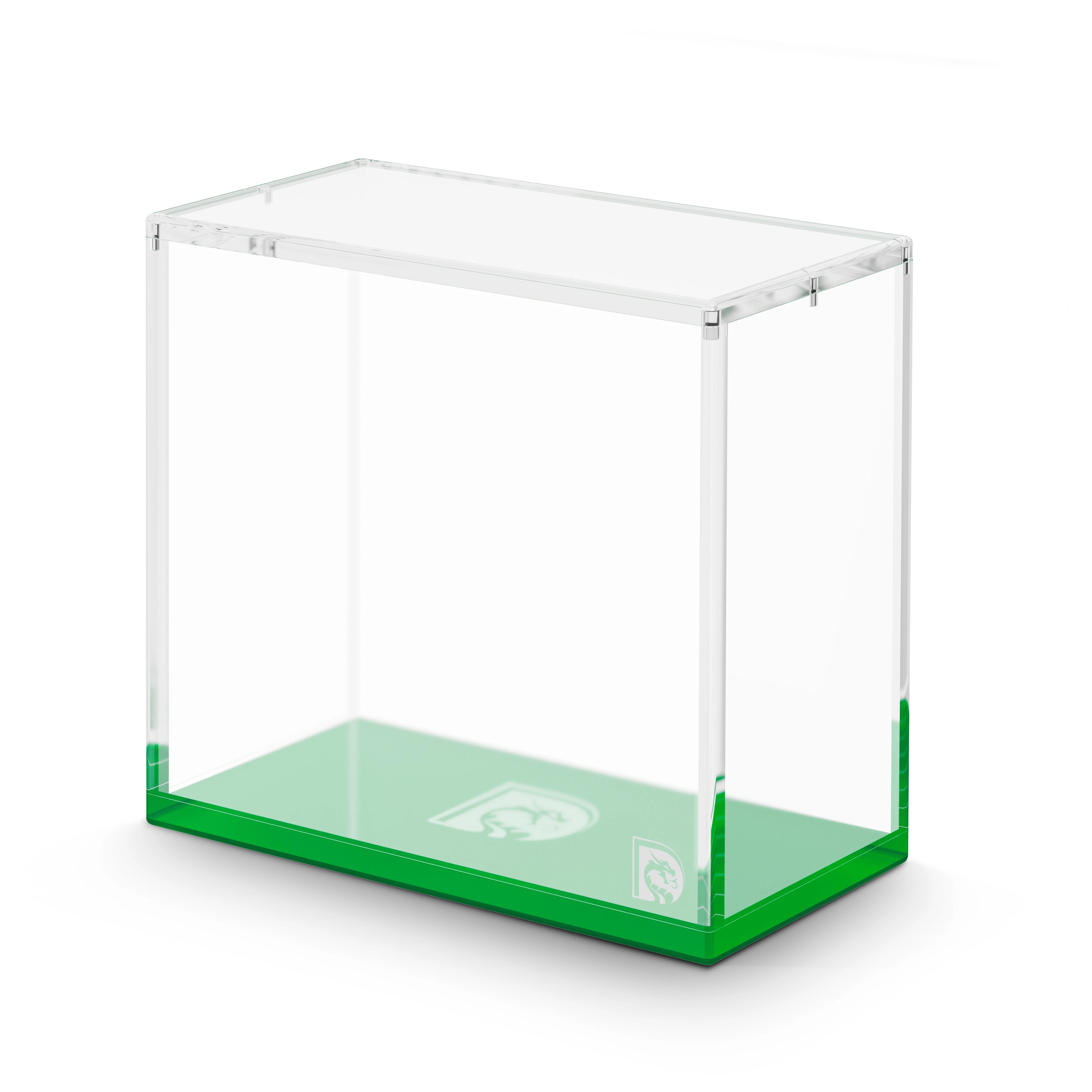 Angled display view of the Dragonscale WyrmPrism AE192 Green Emerald acrylic case, showing its clear acrylic walls and green base.