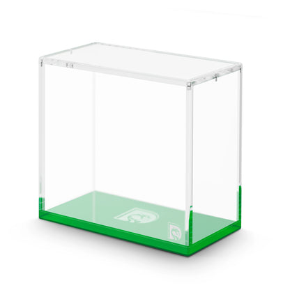 Angled display view of the Dragonscale WyrmPrism AE192 Green Emerald acrylic case, showing its clear acrylic walls and green base.