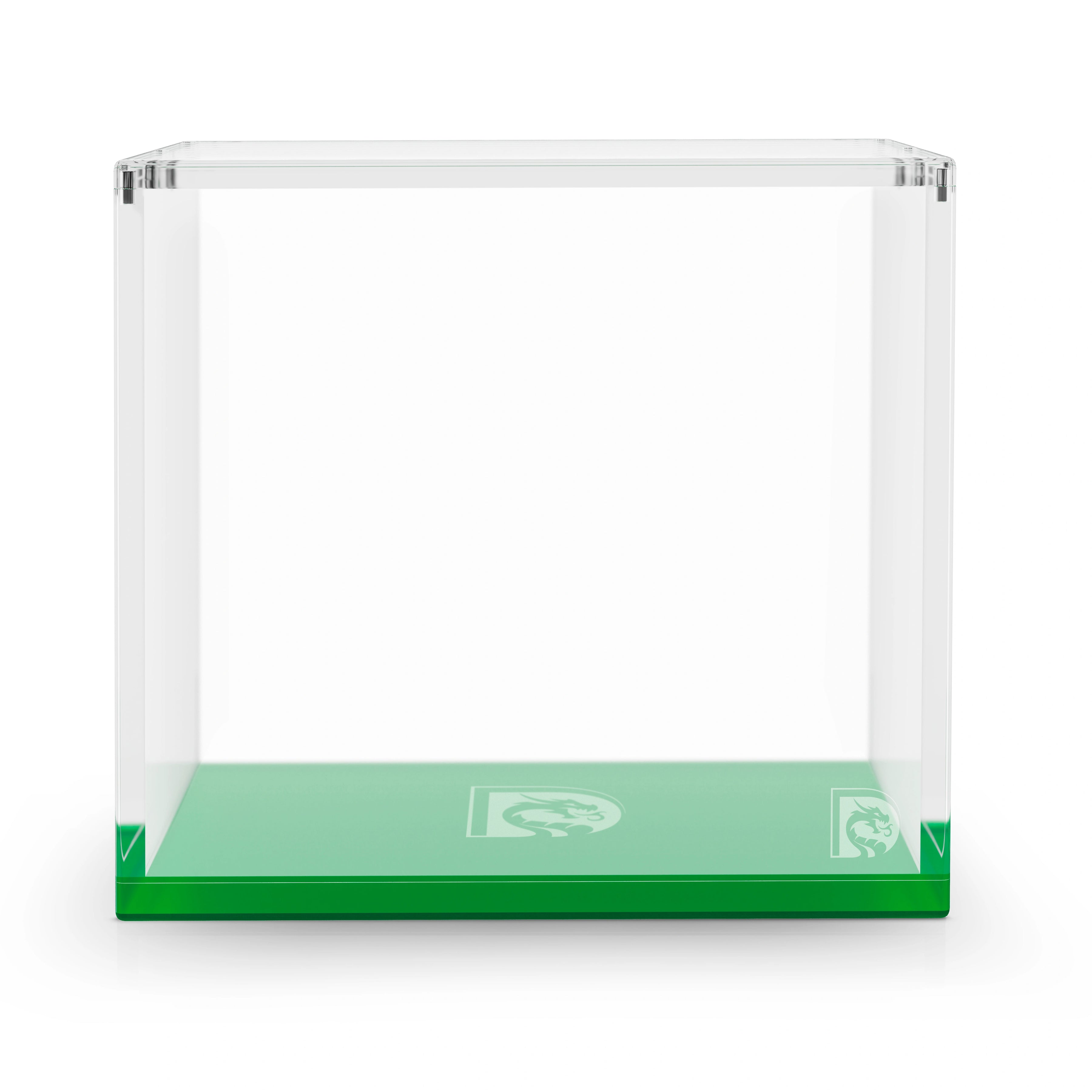 Front-facing view of the Dragonscale WyrmPrism AE192 Green Emerald acrylic case with a clear lid and solid green base.