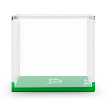 Front-facing view of the Dragonscale WyrmPrism AE192 Green Emerald acrylic case with a clear lid and solid green base.