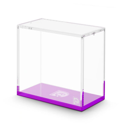 Angled display view of the Dragonscale WyrmPrism AE192 Purple Amethyst acrylic case, showing its clear acrylic walls and purple base.