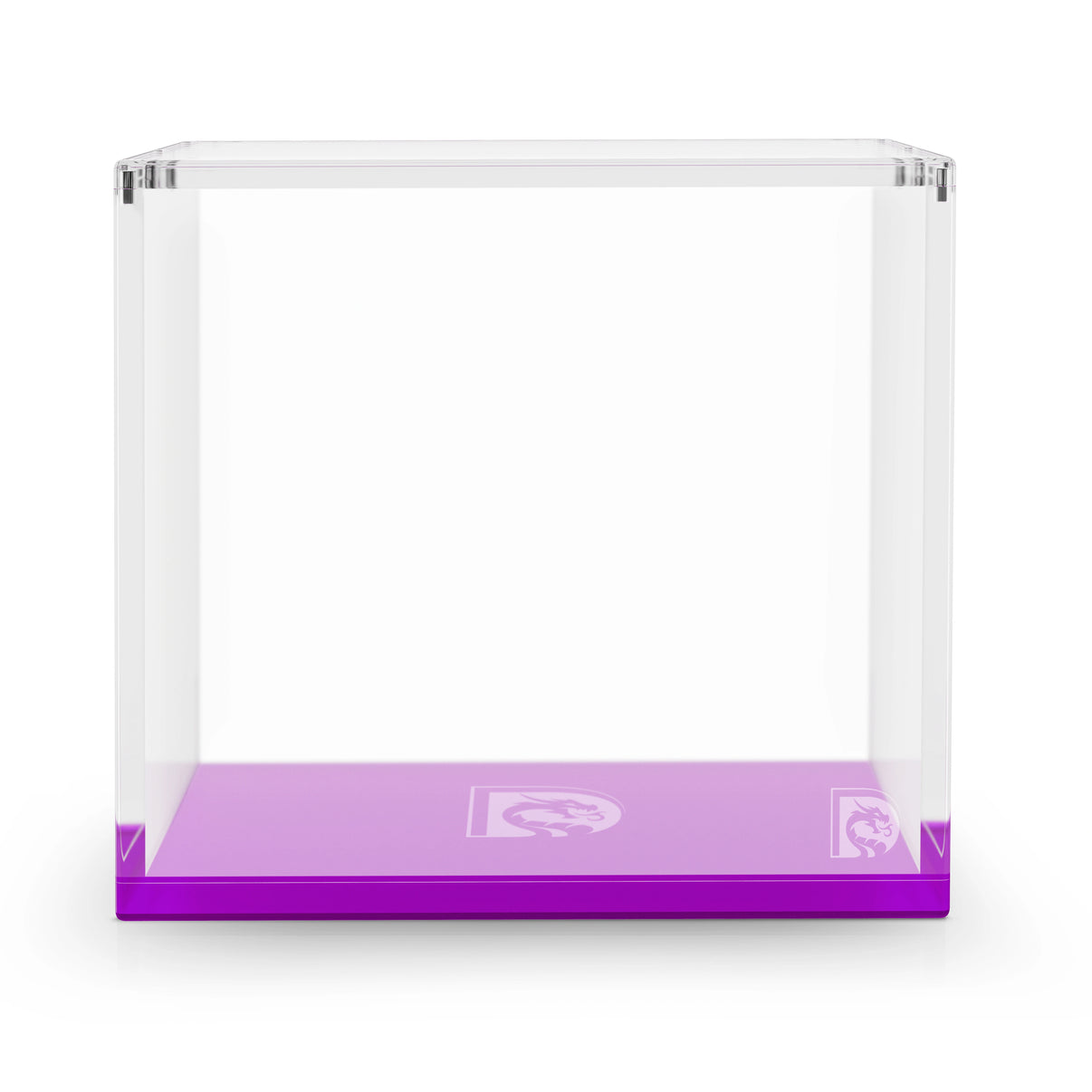 Front-facing view of the Dragonscale WyrmPrism AE192 Purple Amethyst acrylic case with a clear lid and solid purple base.