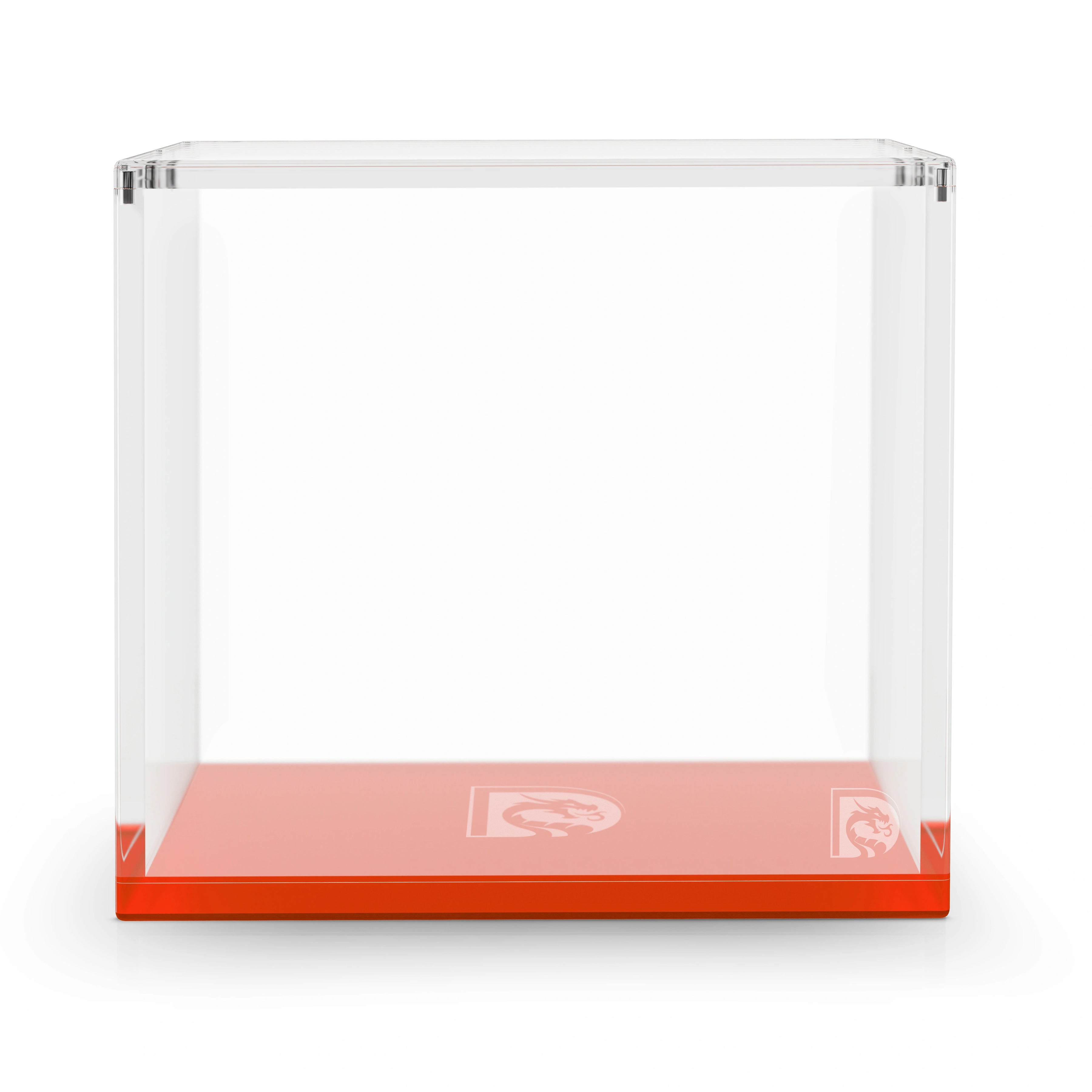 Front-facing view of the Dragonscale WyrmPrism AE192 Red Ruby acrylic case with a clear lid and solid red base.