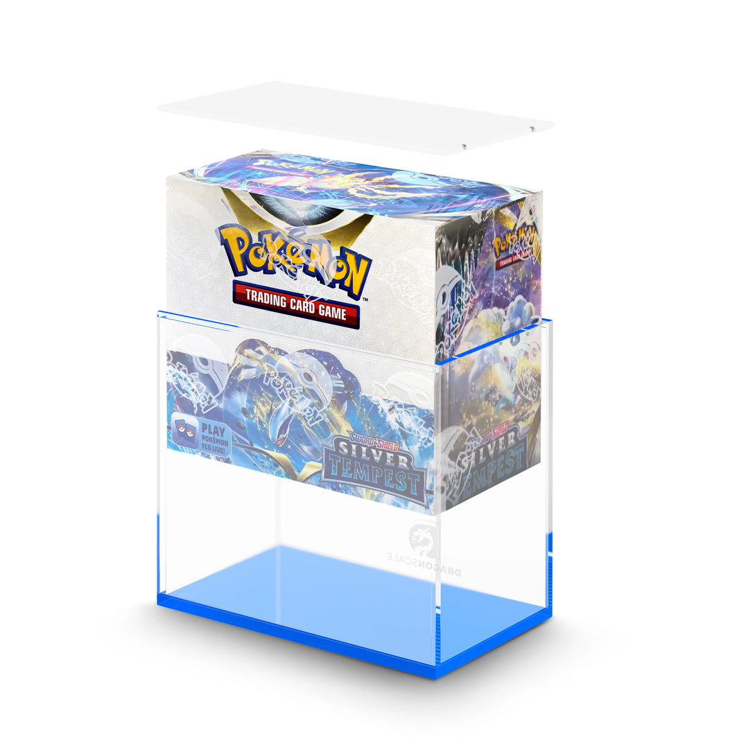 Demo view of the Dragonscale WyrmPrism AB140L Blue Sapphire acrylic case, holding a Pokémon Silver Tempest Booster Box inside the case.