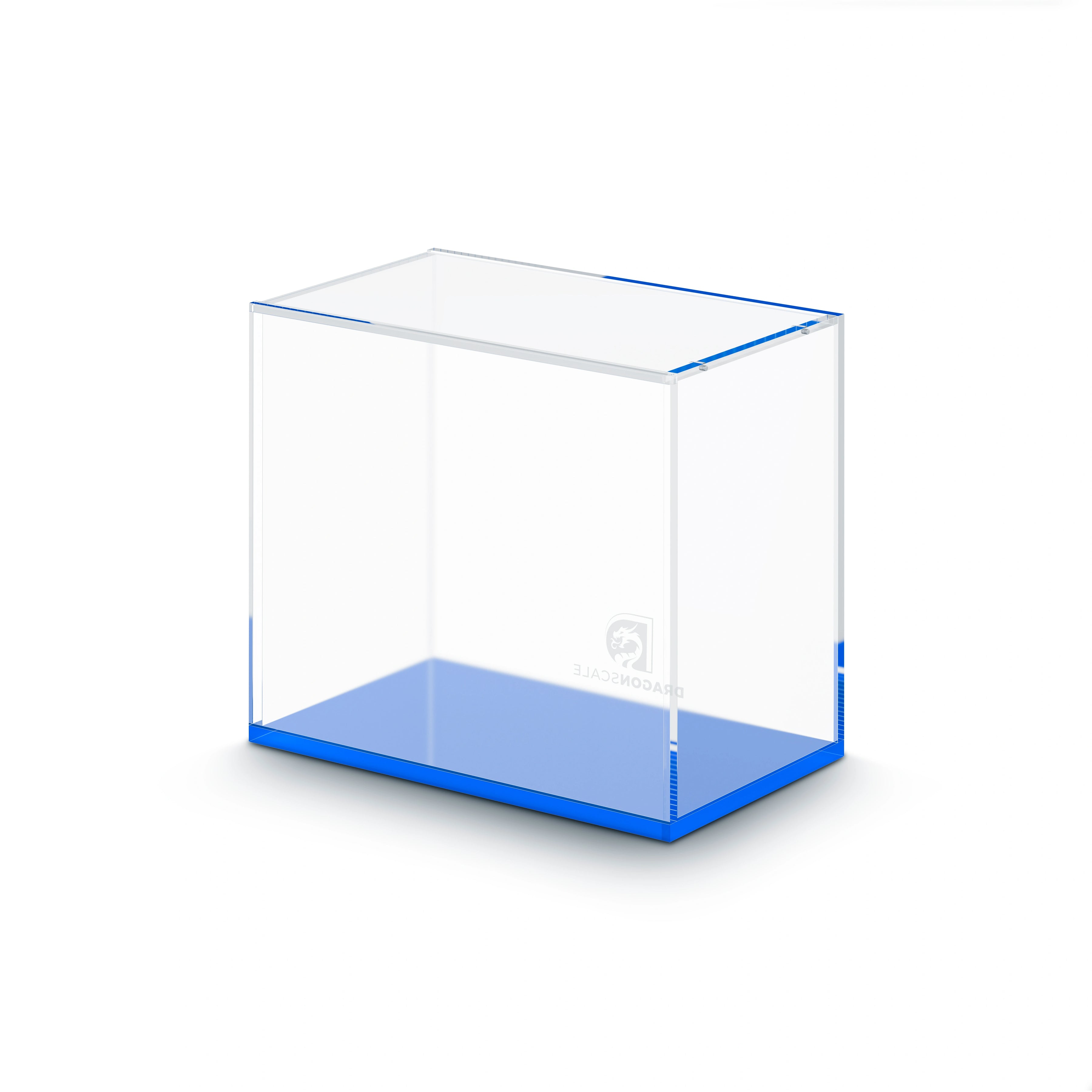 Angled display view of the Dragonscale WyrmPrism AB140L Blue Sapphire acrylic case, showing its clear acrylic walls and blue base.