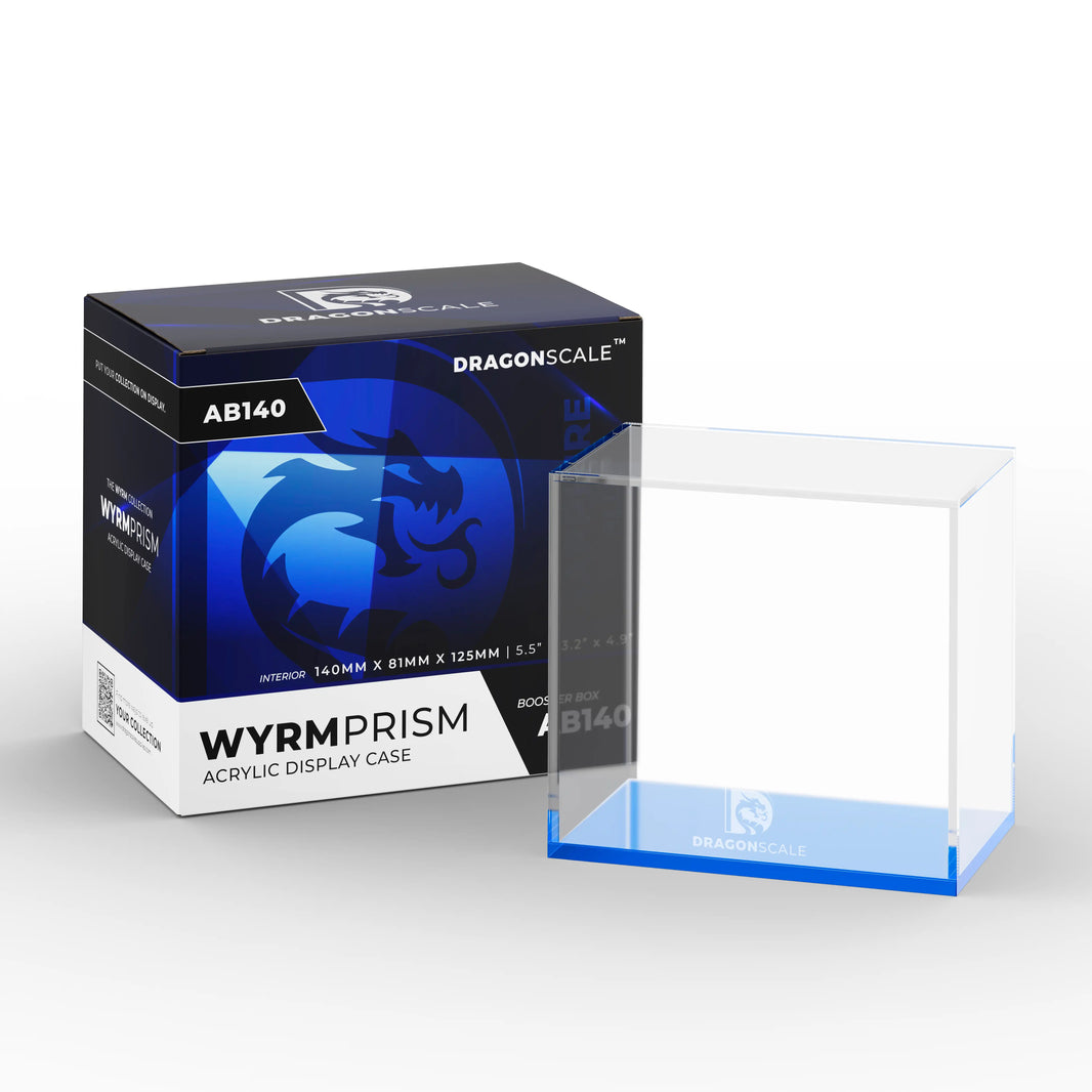 Product packaging view of the Dragonscale WyrmPrism AB140L Blue Sapphire acrylic case alongside its Dragonscale packaging box.