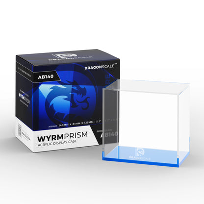 Product packaging view of the Dragonscale WyrmPrism AB140L Blue Sapphire acrylic case alongside its Dragonscale packaging box.