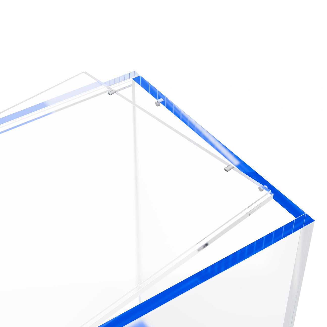 Close-up corner view of the Dragonscale WyrmPrism AB140L Blue Sapphire acrylic case, highlighting the acrylic lid and secure magnetic locks.