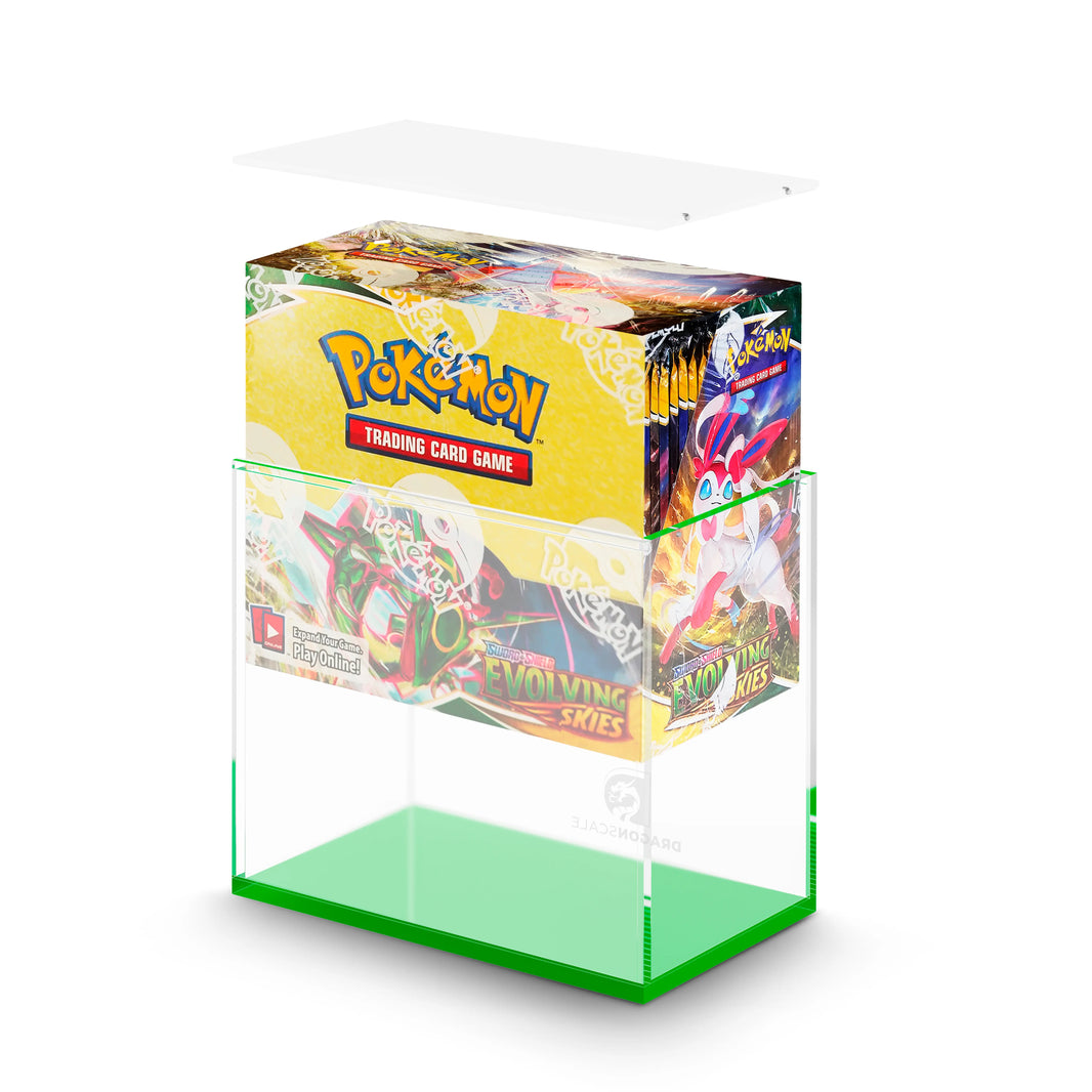 Demo view of the Dragonscale WyrmPrism AB140L Green Emerald acrylic case, holding a Pokémon Evolving Skies Booster Box inside the case.