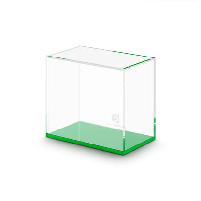 Angled display view of the Dragonscale WyrmPrism AB140L Green Emerald acrylic case, showing its clear acrylic walls and green base.