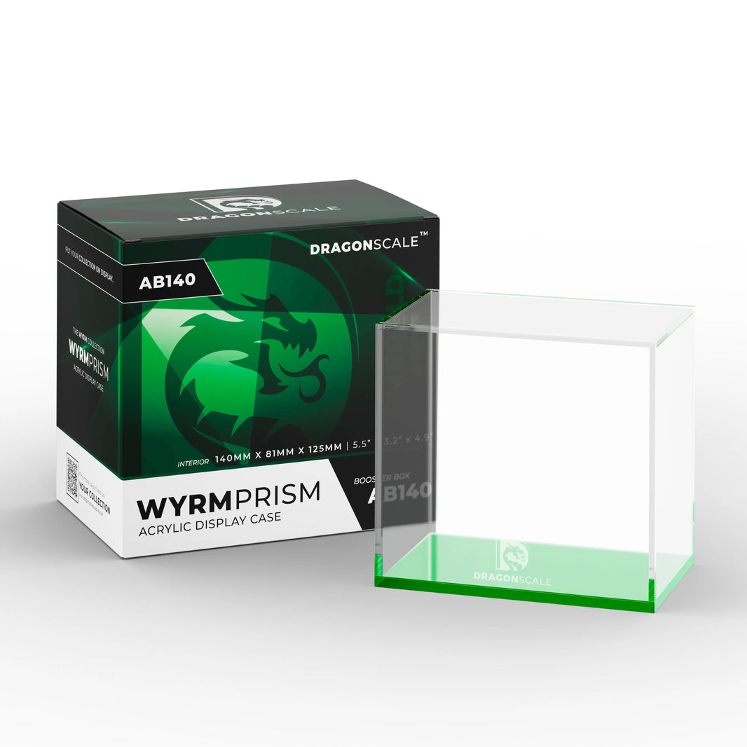 Product packaging view of the Dragonscale WyrmPrism AB140L Green Emerald acrylic case alongside its Dragonscale packaging box.