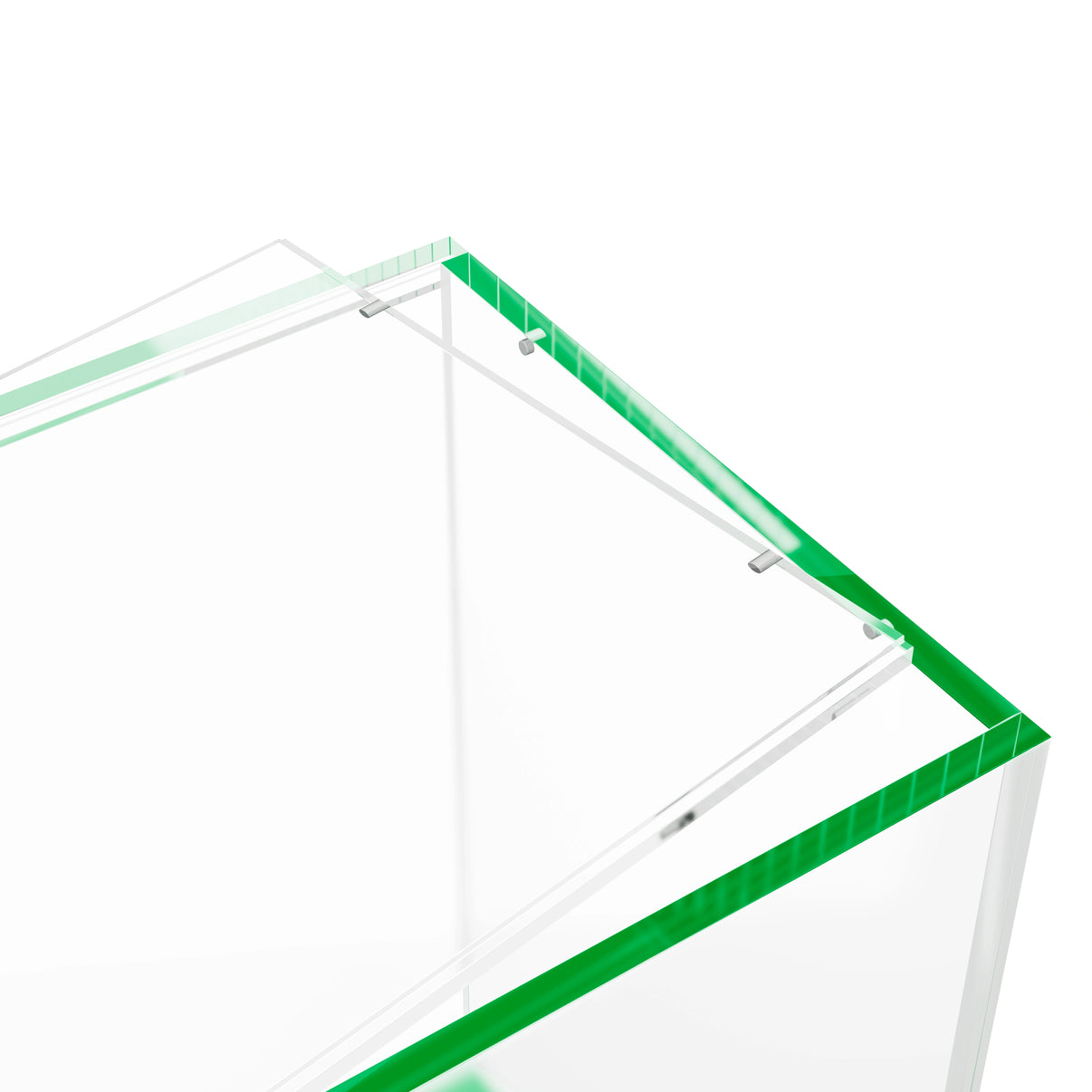Close-up corner view of the Dragonscale WyrmPrism AB140L Green Emerald acrylic case, highlighting the acrylic lid and secure magnetic locks.