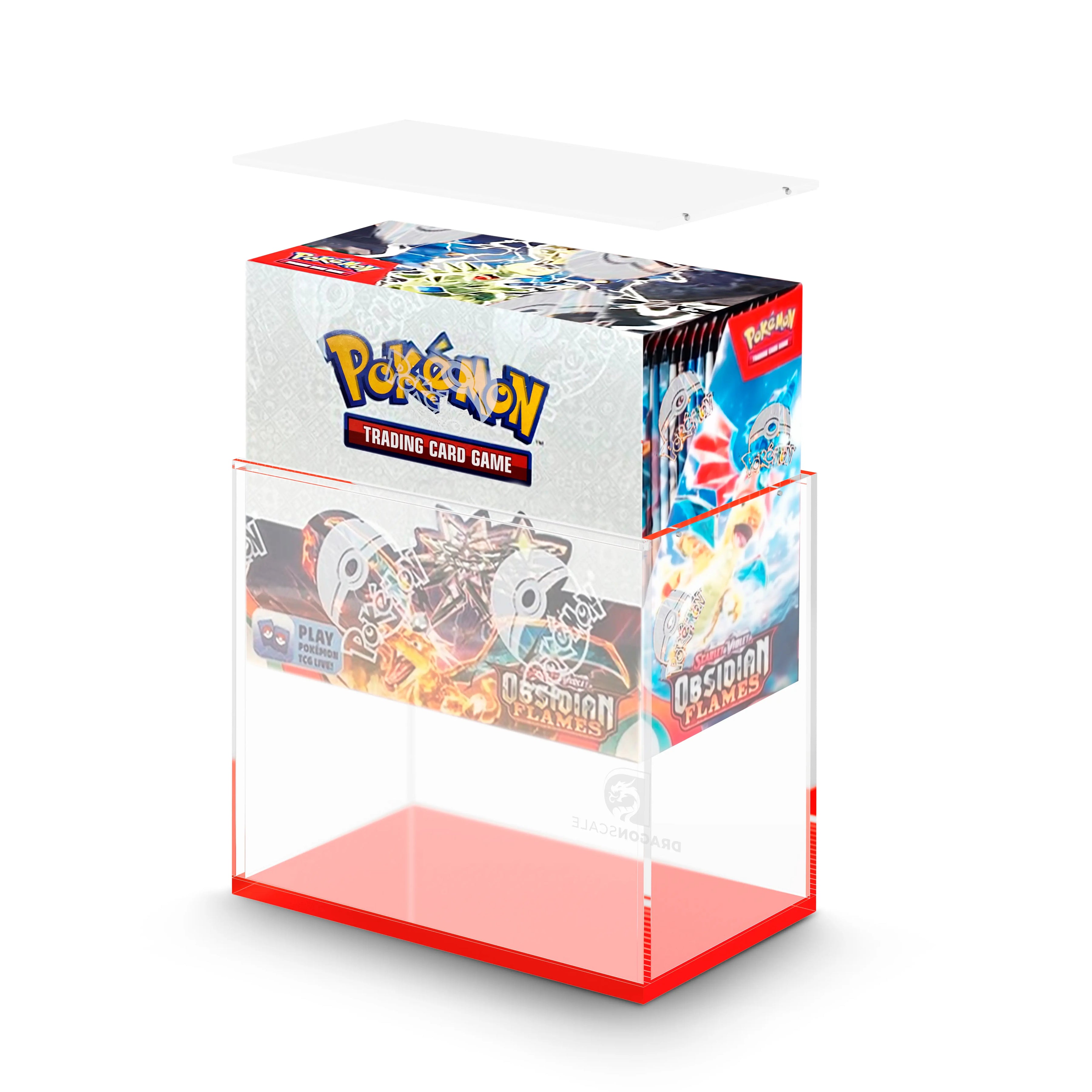 Demo view of the Dragonscale WyrmPrism AB140L Red Ruby acrylic case, holding a Pokémon Obsidian Flames Booster Box inside the case.