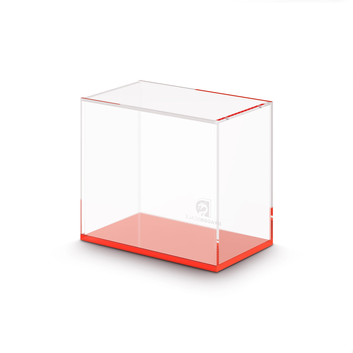 Angled display view of the Dragonscale WyrmPrism AB140L Red Ruby acrylic case, showing its clear acrylic walls and red base.