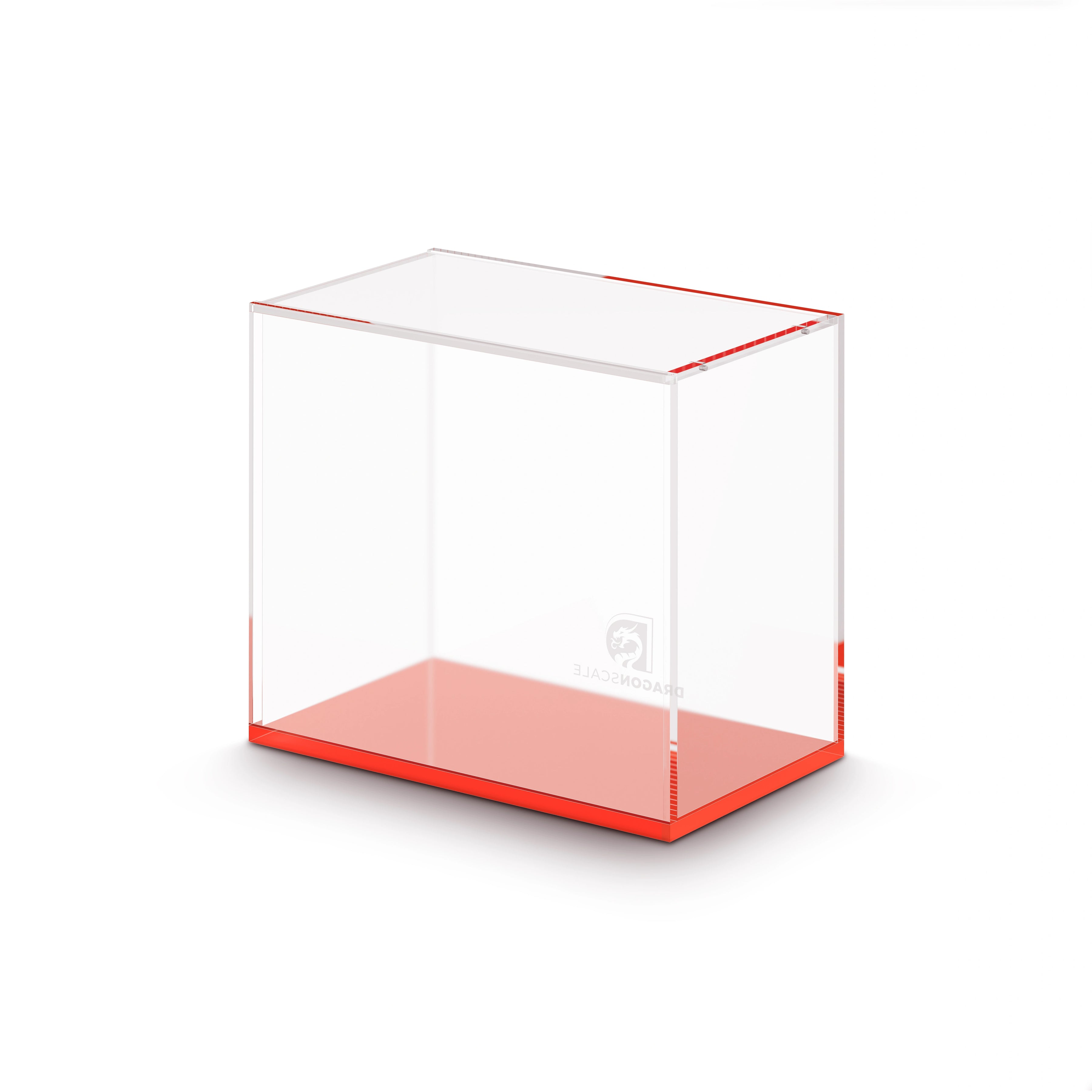 Angled display view of the Dragonscale WyrmPrism AB140L Red Ruby acrylic case, showing its clear acrylic walls and red base.