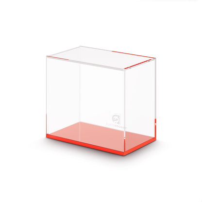 Angled display view of the Dragonscale WyrmPrism AB140L Red Ruby acrylic case, showing its clear acrylic walls and red base.