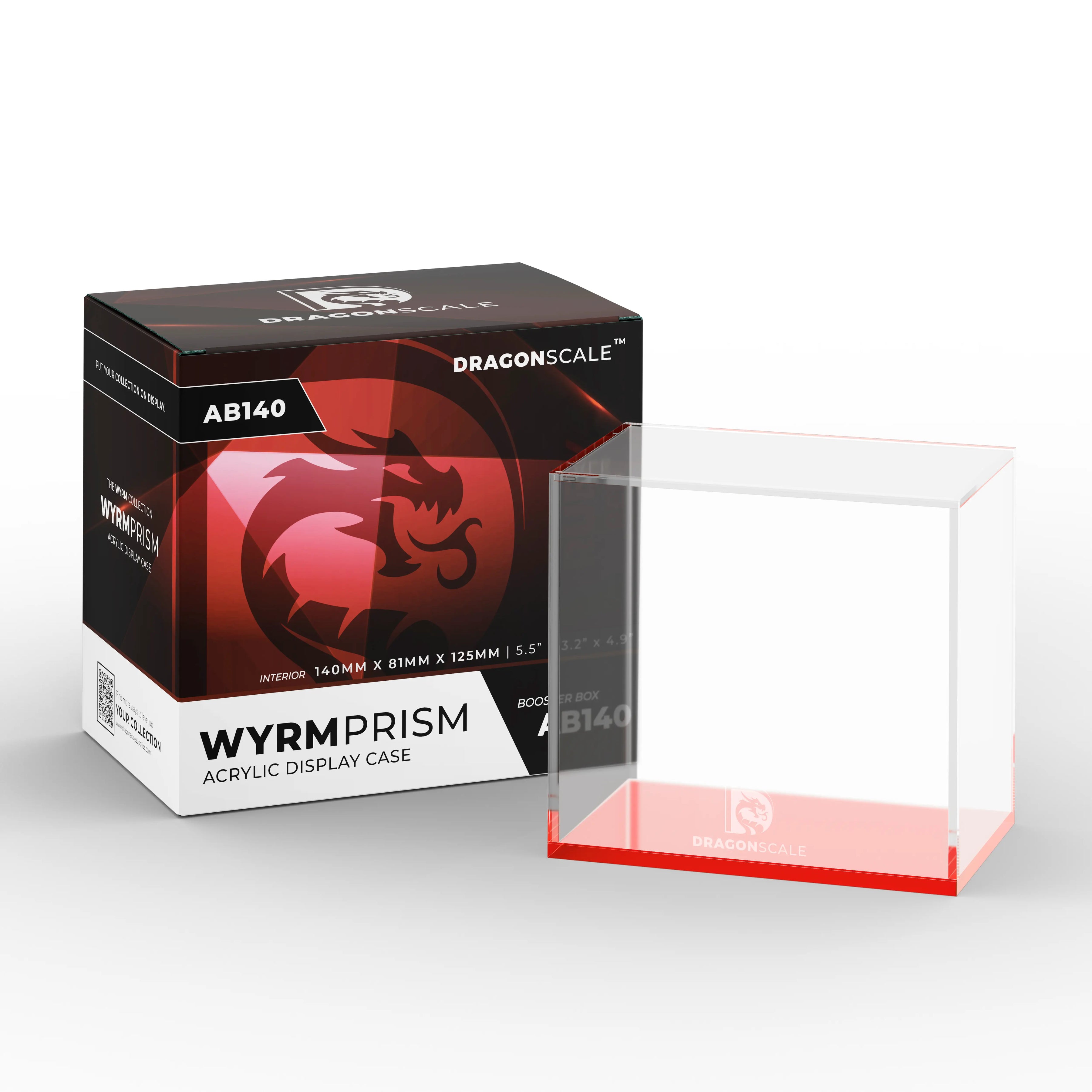 Product packaging view of the Dragonscale WyrmPrism AB140L Red Ruby acrylic case alongside its Dragonscale packaging box.