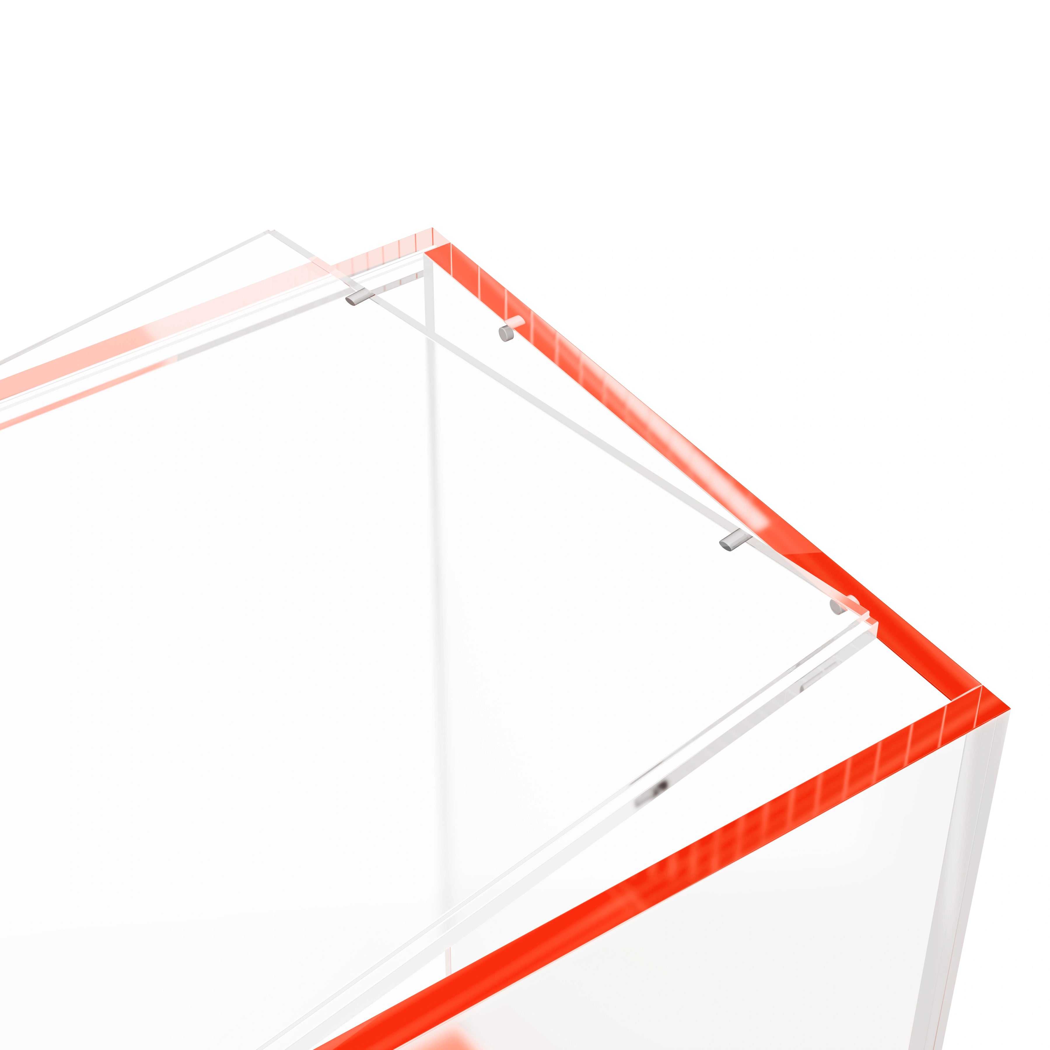 Close-up corner view of the Dragonscale WyrmPrism AB140L Red Ruby acrylic case, highlighting the acrylic lid and secure magnetic locks.