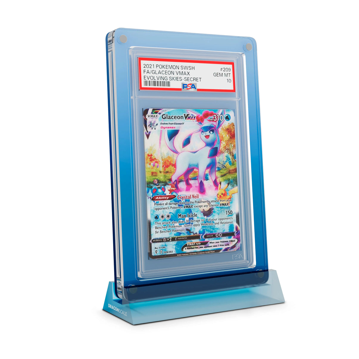 Dragonscale Wyrmshard Large acrylic display stand featuring a Glaceon VMAX Evolving Skies PSA 10 Pokemon card slab with a bumper guard in gradient aqua.