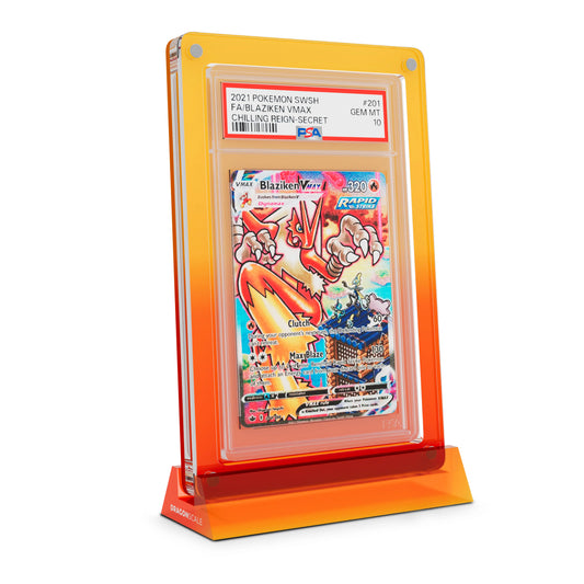 Dragonscale Wyrmshard Large acrylic display stand featuring a Blaziken VMAX PSA 10 Pokemon card slab with a bumper guard in gradient blaze.