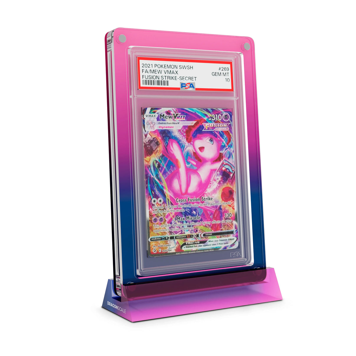 Dragonscale Wyrmshard Large acrylic display stand featuring a Mew VMAX Fusion Strike PSA 10 Pokemon card slab with a bumper guard in gradient cosmic.