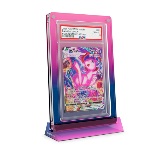 Dragonscale Wyrmshard Large acrylic display stand featuring a Mew VMAX Fusion Strike PSA 10 Pokemon card slab with a bumper guard in gradient cosmic.