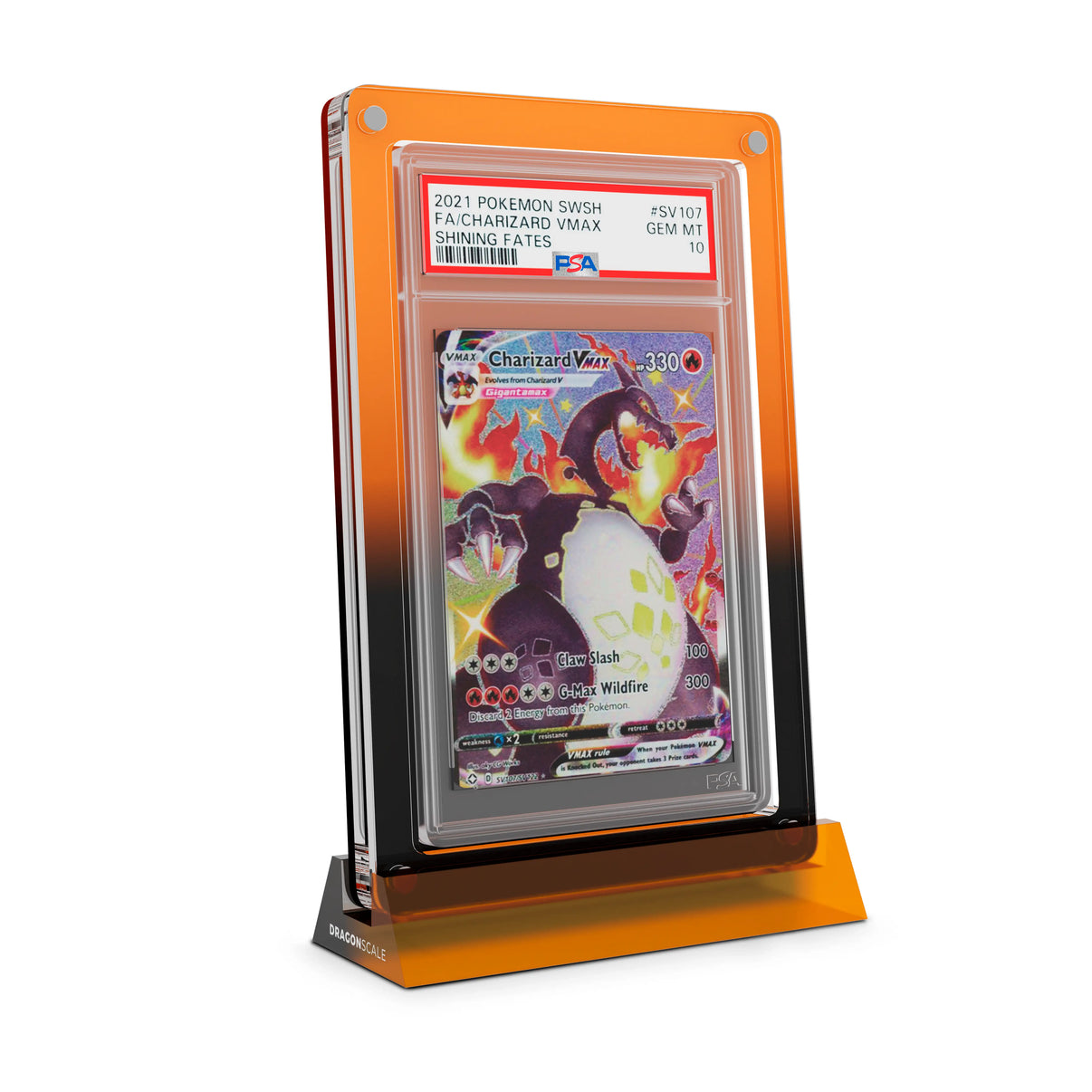 Dragonscale Wyrmshard Large acrylic display stand featuring a Charizard VMAX Shining Fates PSA 10 Pokemon card slab with a bumper guard in gradient magma.