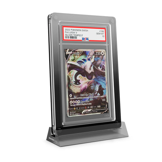 Dragonscale Wyrmshard Large acrylic display stand featuring a Lugia V Silver Tempest PSA 10 Pokemon card slab with a bumper guard in gradient midnight.